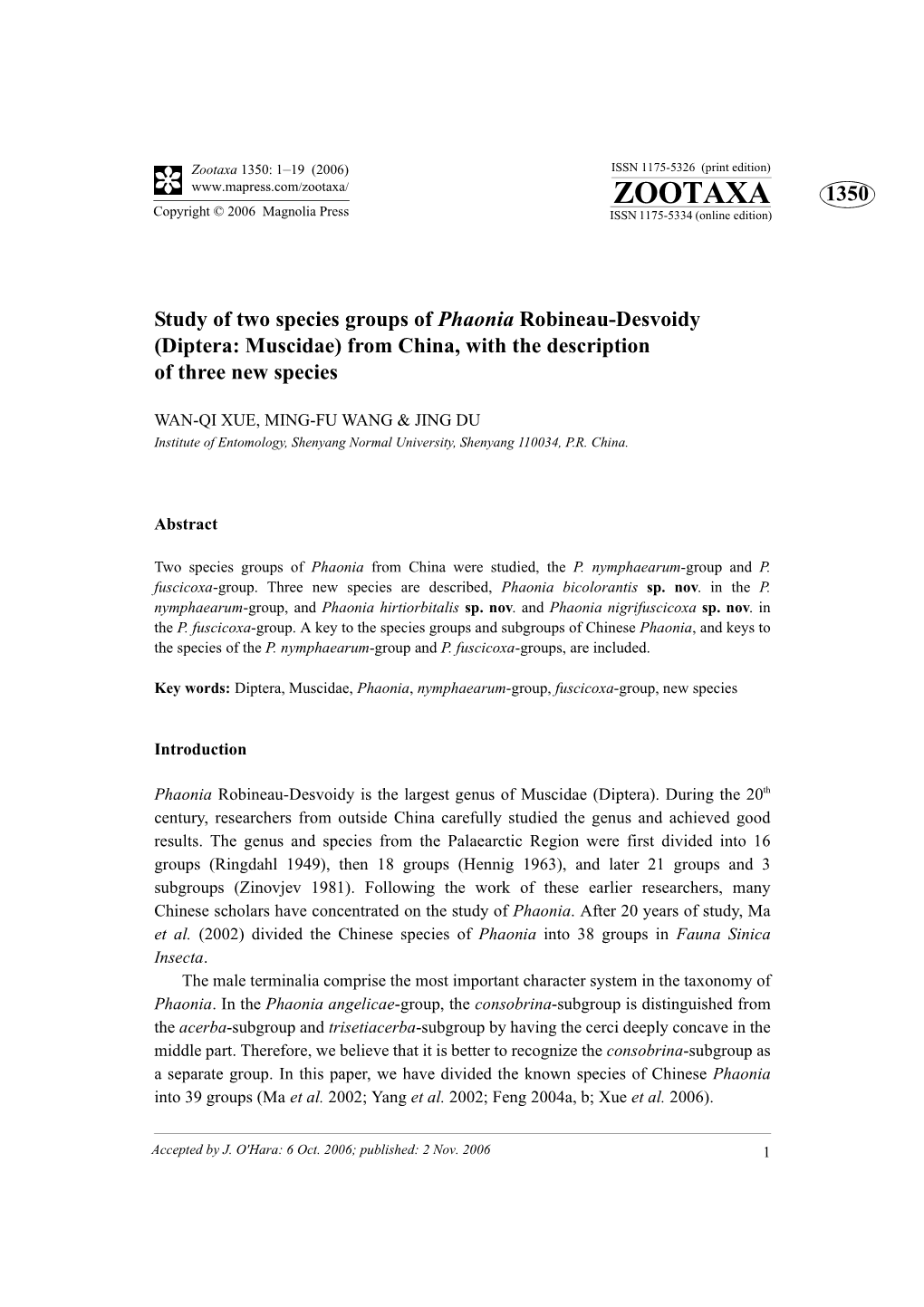 Zootaxa: Study of Two Species Groups of Phaonia Robineau-Desvoidy