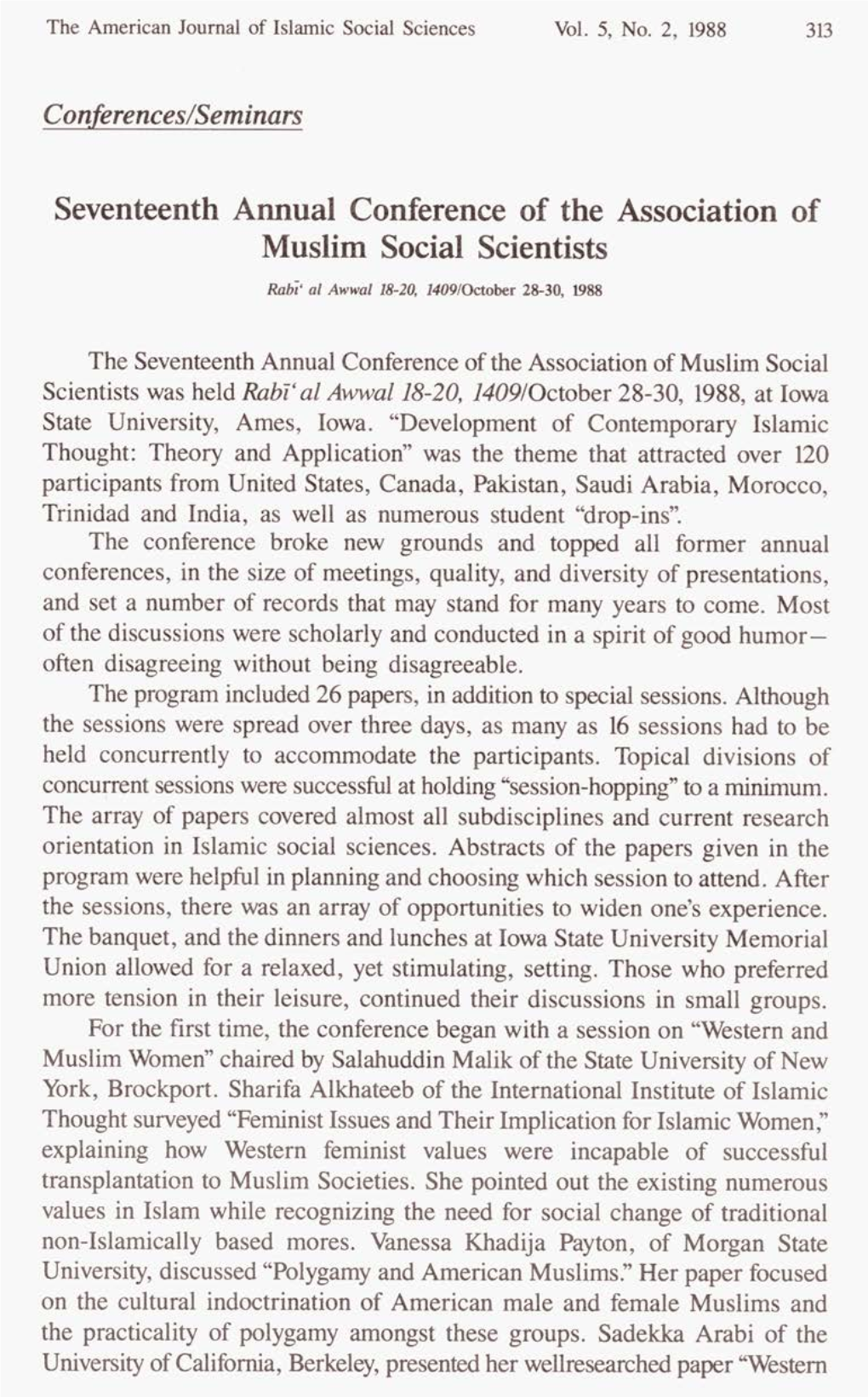 Seventeenth Annual Conference of the Association of Muslim Social Scientists Rab? Al Ad18-20, 1109/Odober 28-30.1988