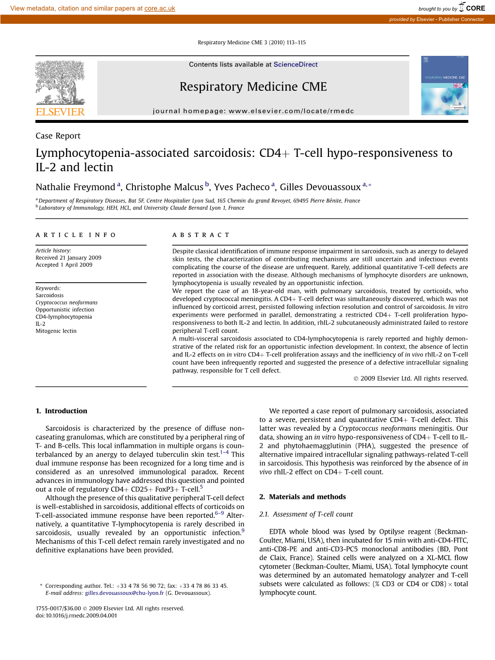 Lymphocytopenia-Associated Sarcoidosis: Cd4þ T-Cell Hypo-Responsiveness to IL-2 and Lectin