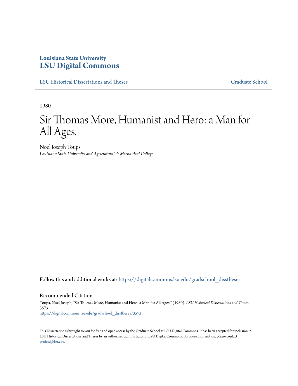 Sir Thomas More, Humanist and Hero: a Man for All Ages