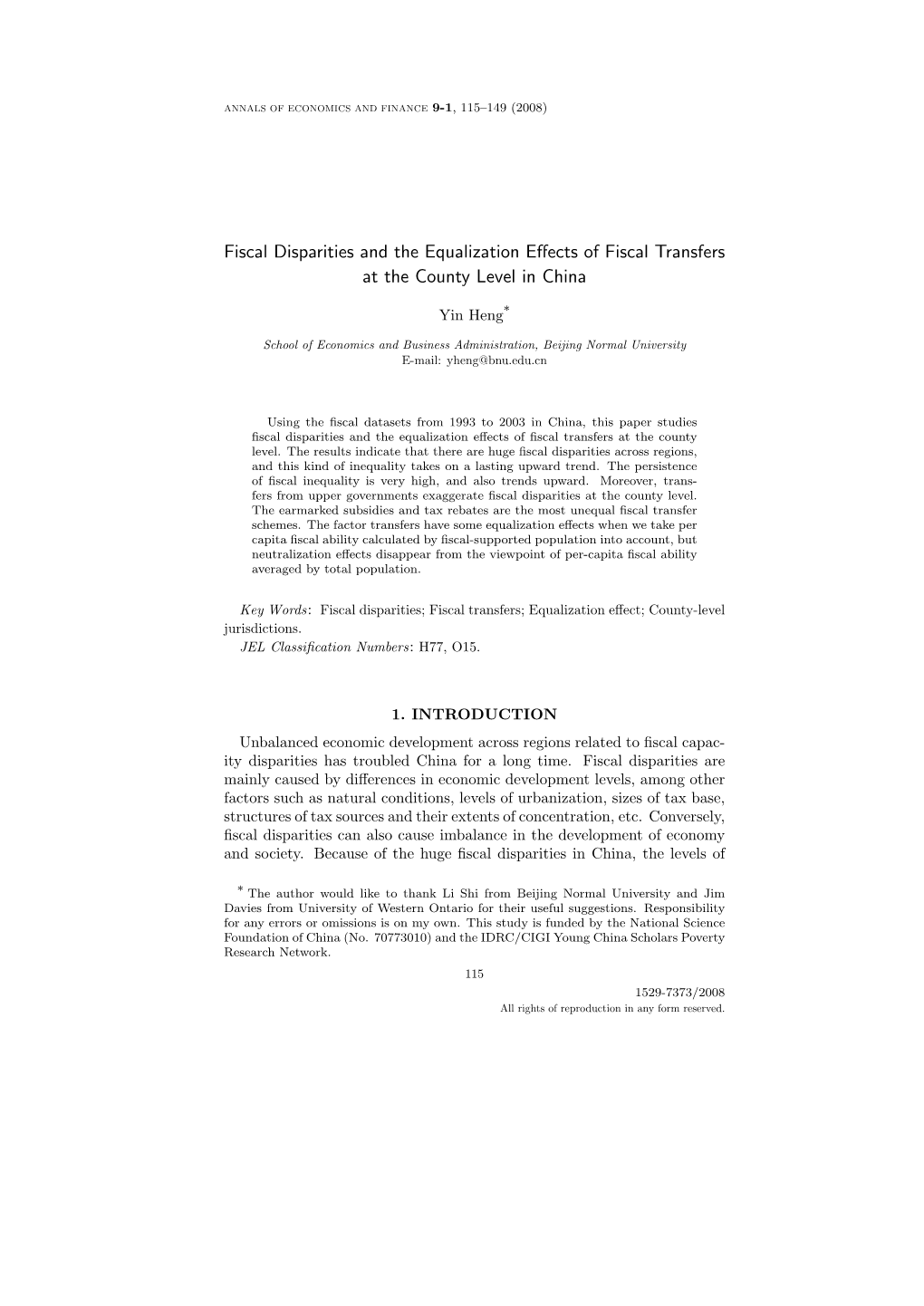 Fiscal Disparities and the Equalization Effects of Fiscal Transfers at The