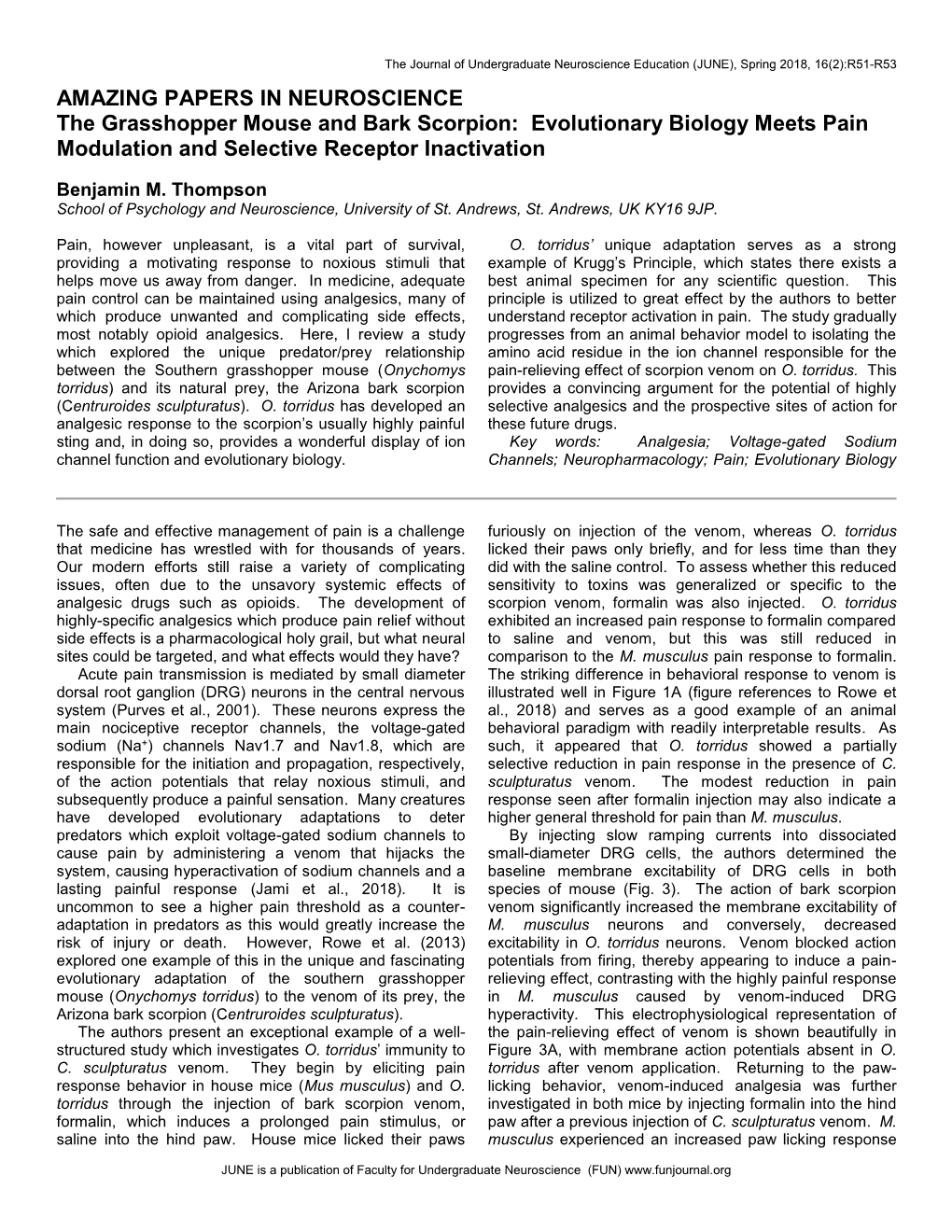 The Grasshopper Mouse and Bark Scorpion: Evolutionary Biology Meets Pain Modulation and Selective Receptor Inactivation