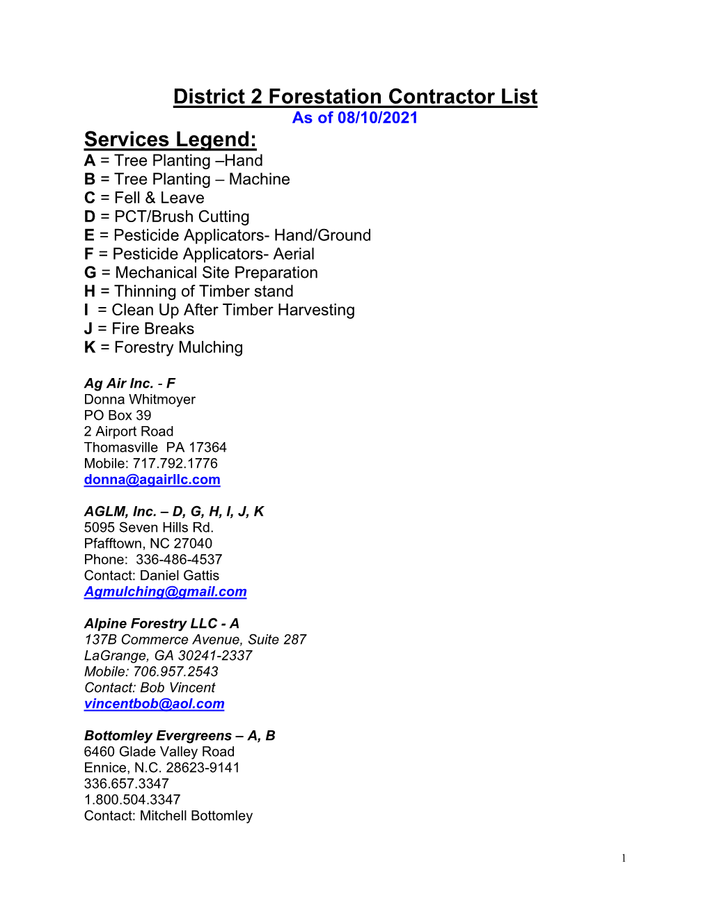 District 2 Forestation Contractor List Services Legend