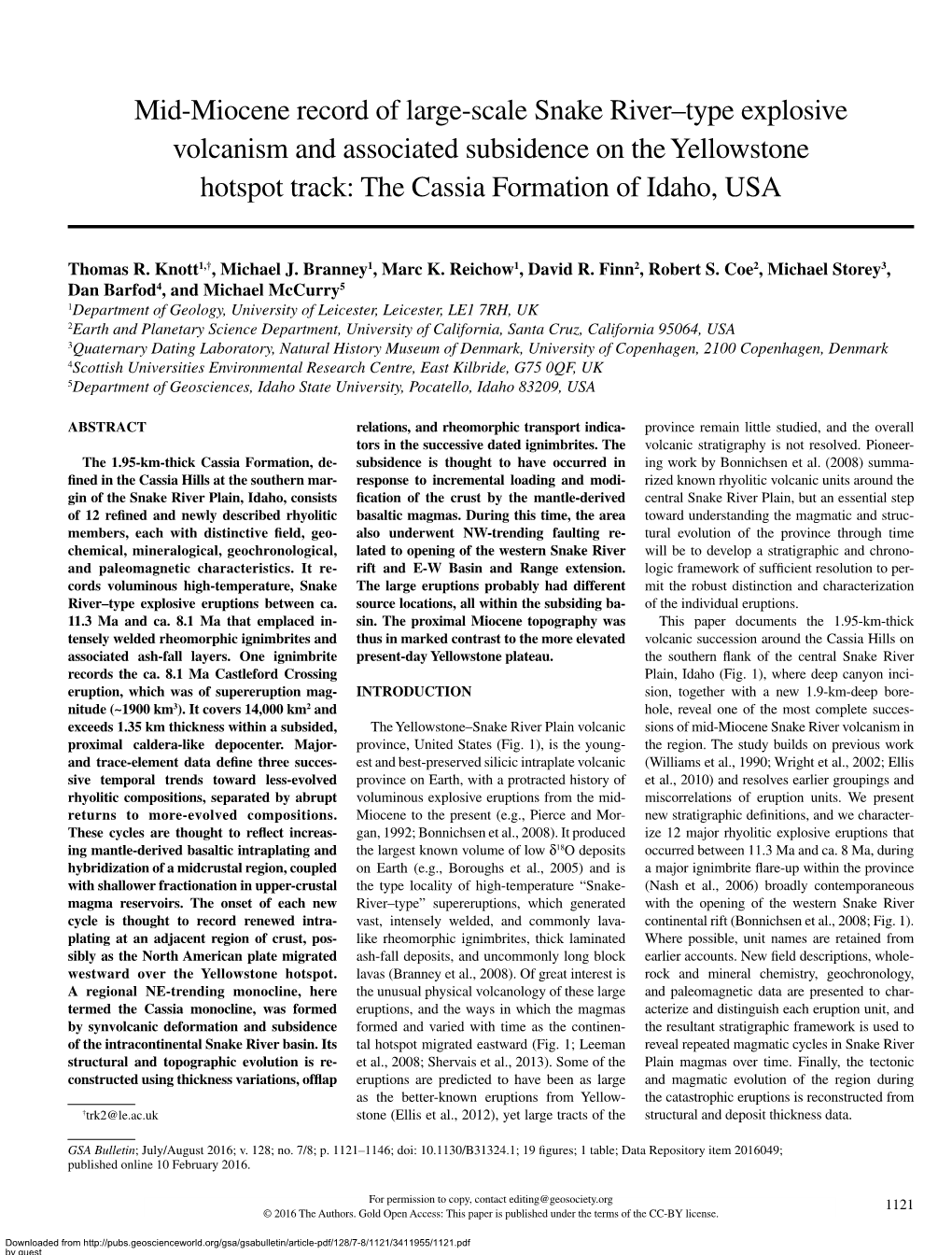 Mid-Miocene Record of Large-Scale Snake River–Type Explosive Volcanism and Associated Subsidence on the Yellowstone Hotspot Track: the Cassia Formation of Idaho, USA