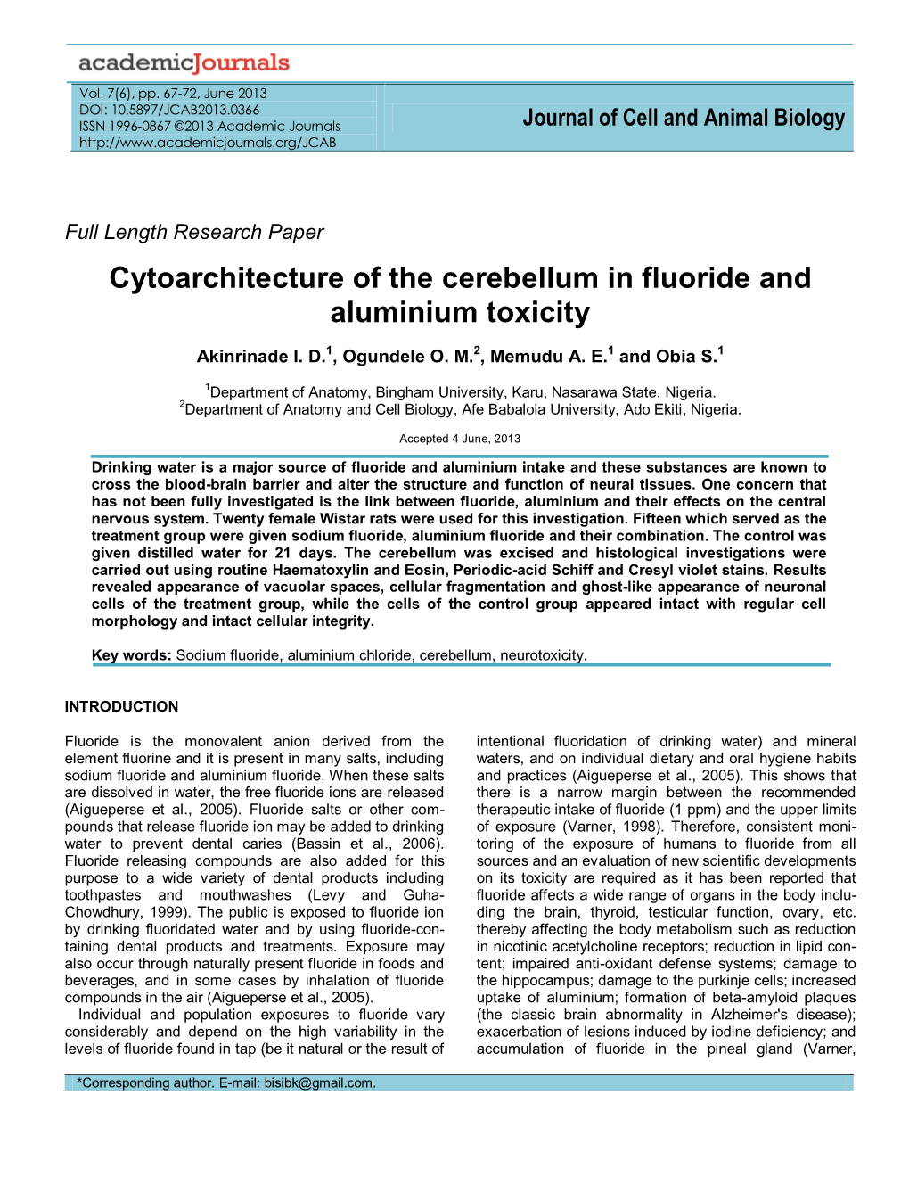 Cytoarchitecture of the Cerebellum in Fluoride and Aluminium Toxicity