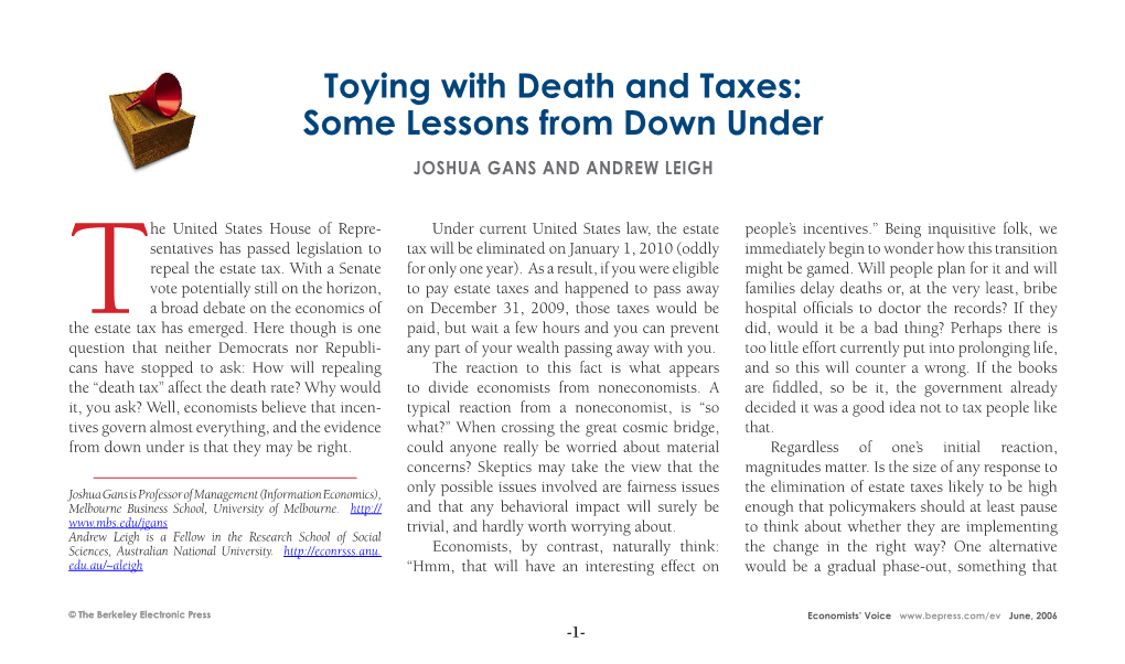 Toying with Death and Taxes: Some Lessons from Down Under Joshua Gans and Andrew Leigh