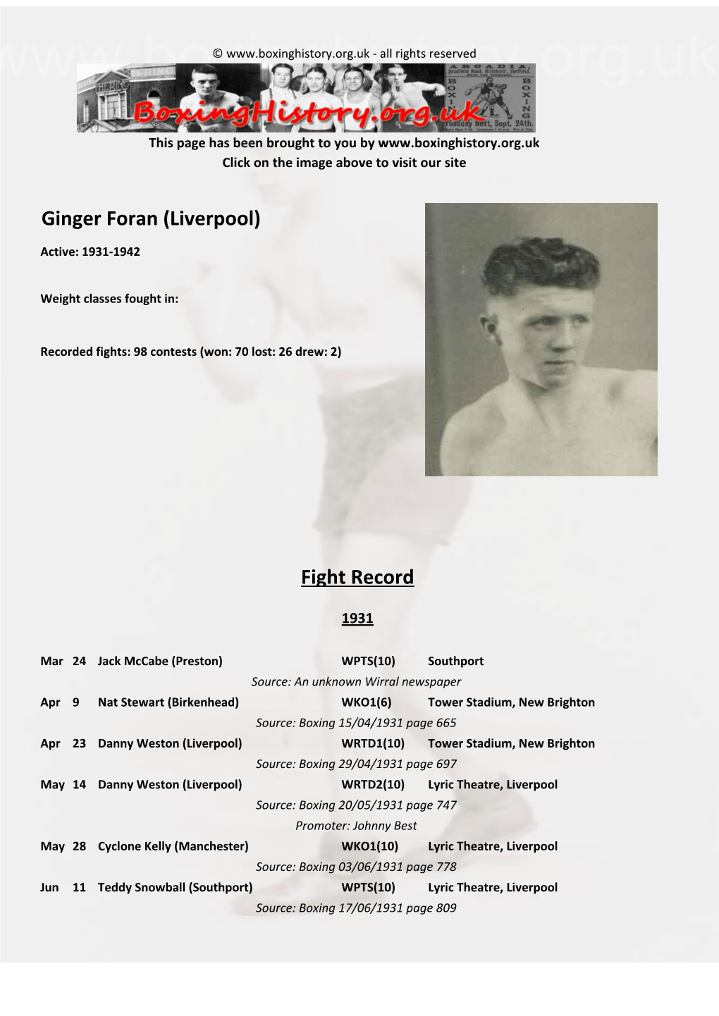 Fight Record Ginger Foran (Liverpool)