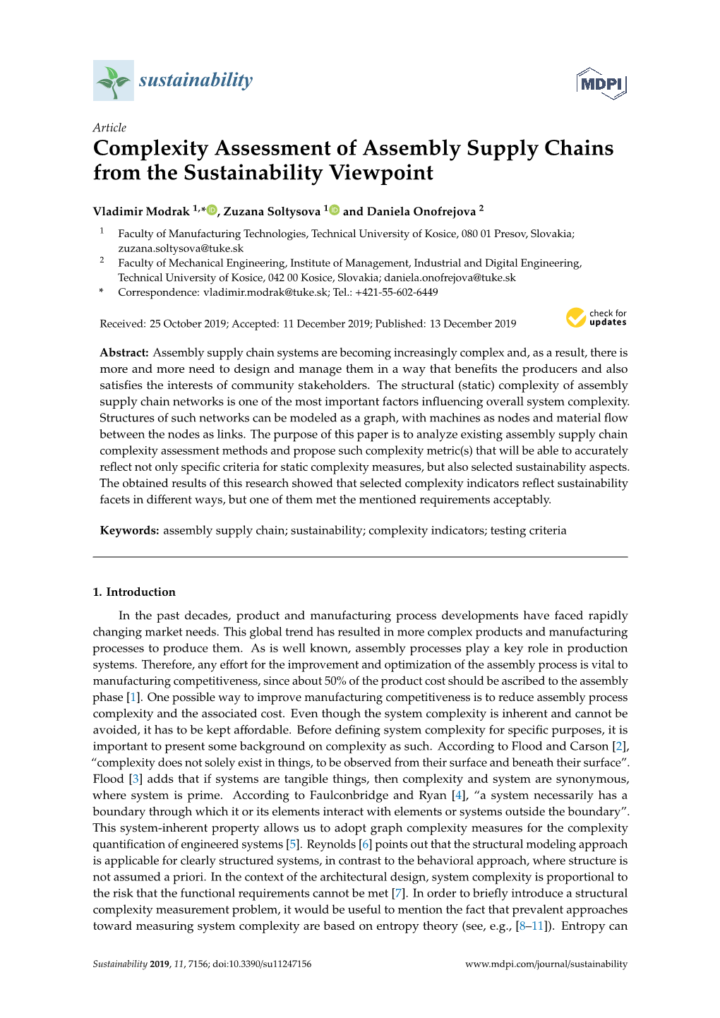 Complexity Assessment of Assembly Supply Chains from the Sustainability Viewpoint