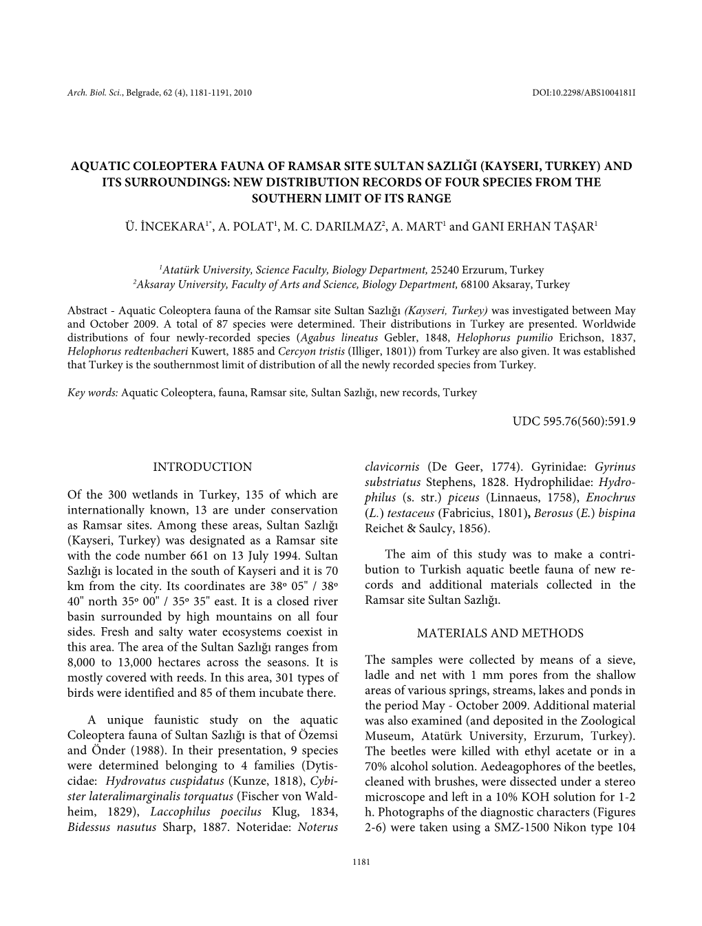 Aquatic Coleoptera Fauna of Ramsar Site Sultan