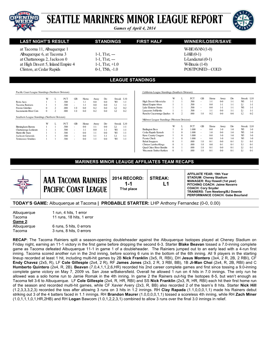 SEATTLE MARINERS MINOR LEAGUE REPORT Games of April 4, 2014