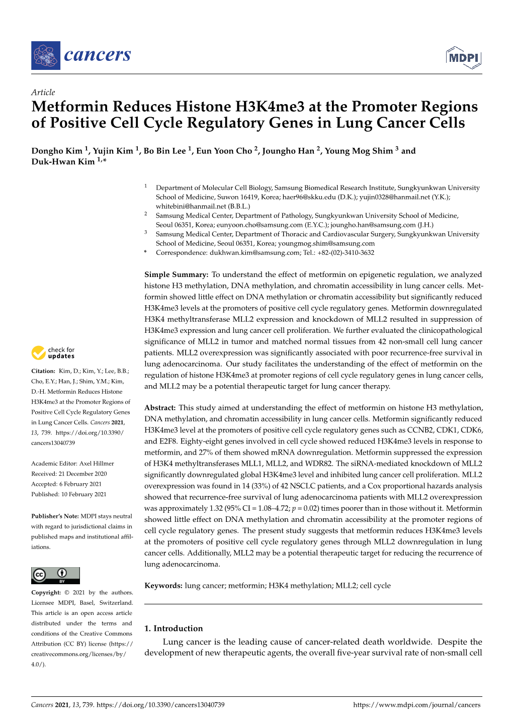 Metformin Reduces Histone H3k4me3 at the Promoter Regions of Positive Cell Cycle Regulatory Genes in Lung Cancer Cells