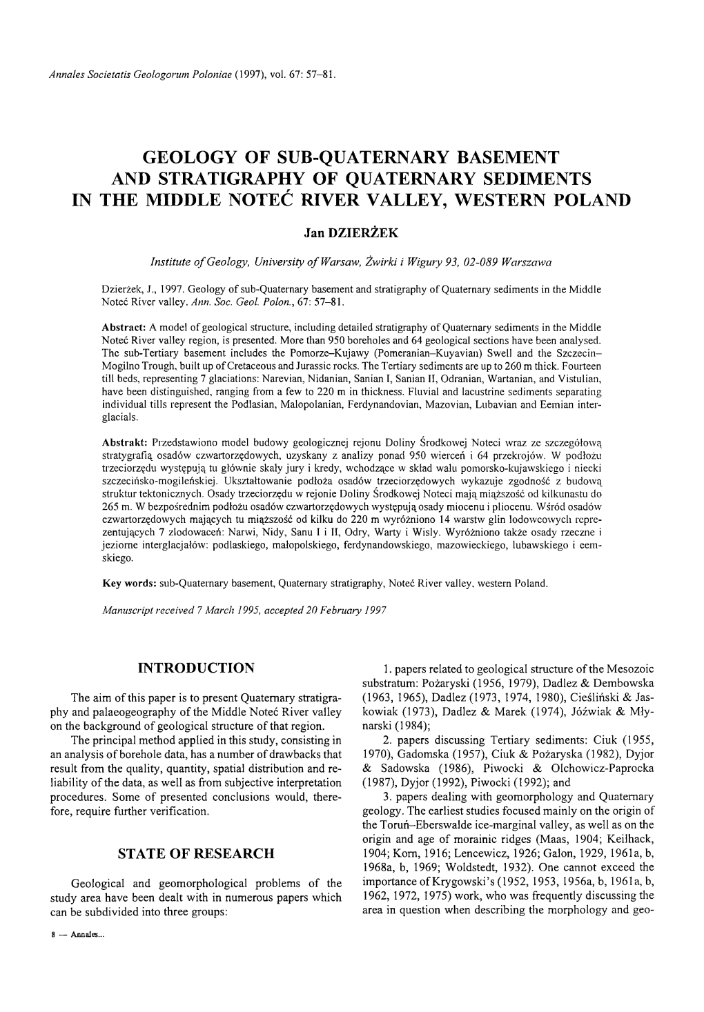 Geology of Sub-Quaternary Basement and Stratigraphy of Quaternary Sediments in the Middle Noteć River Valley, Western Poland