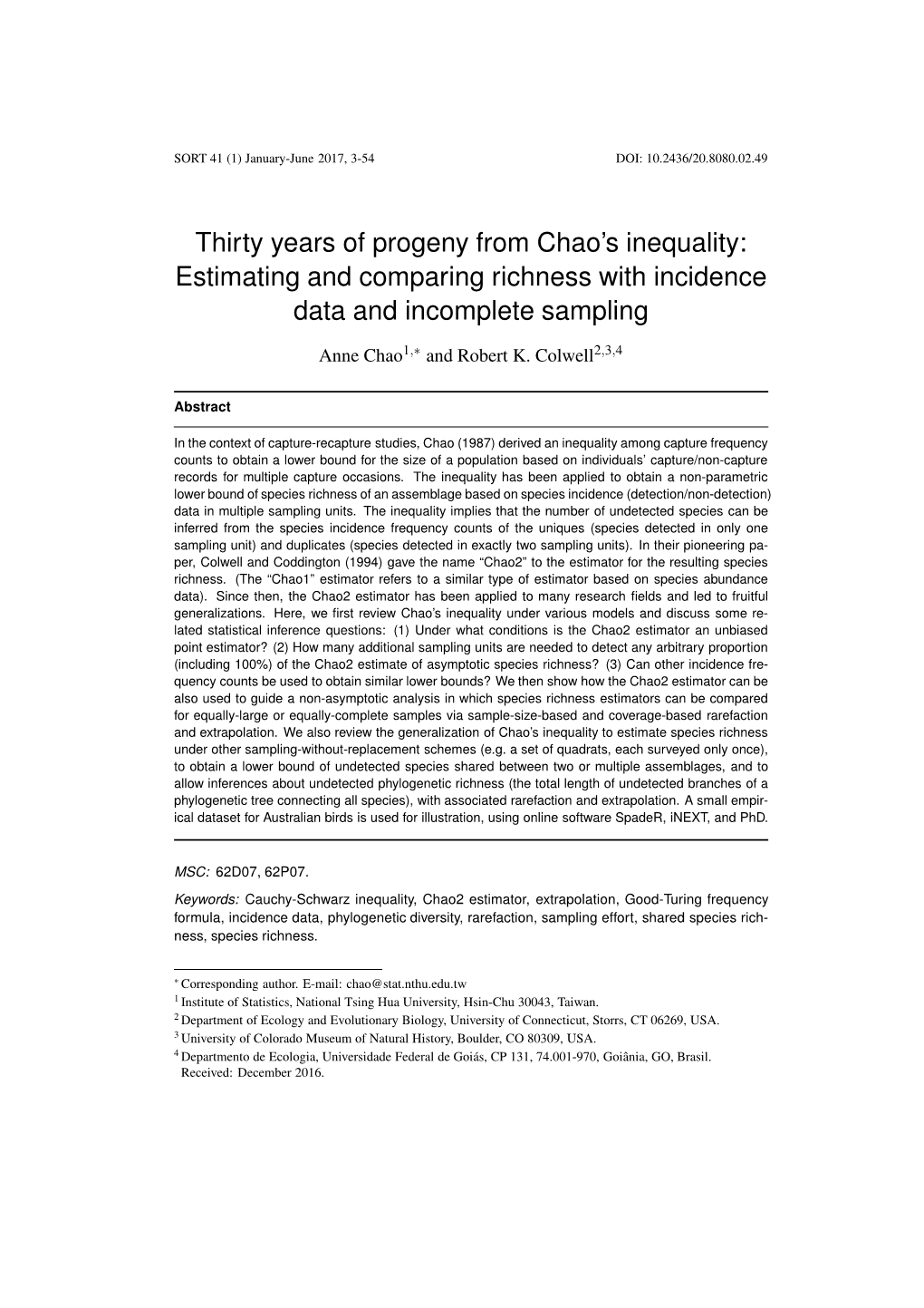 Idescat. SORT. Thirty Years of Progeny from Chao's Inequality