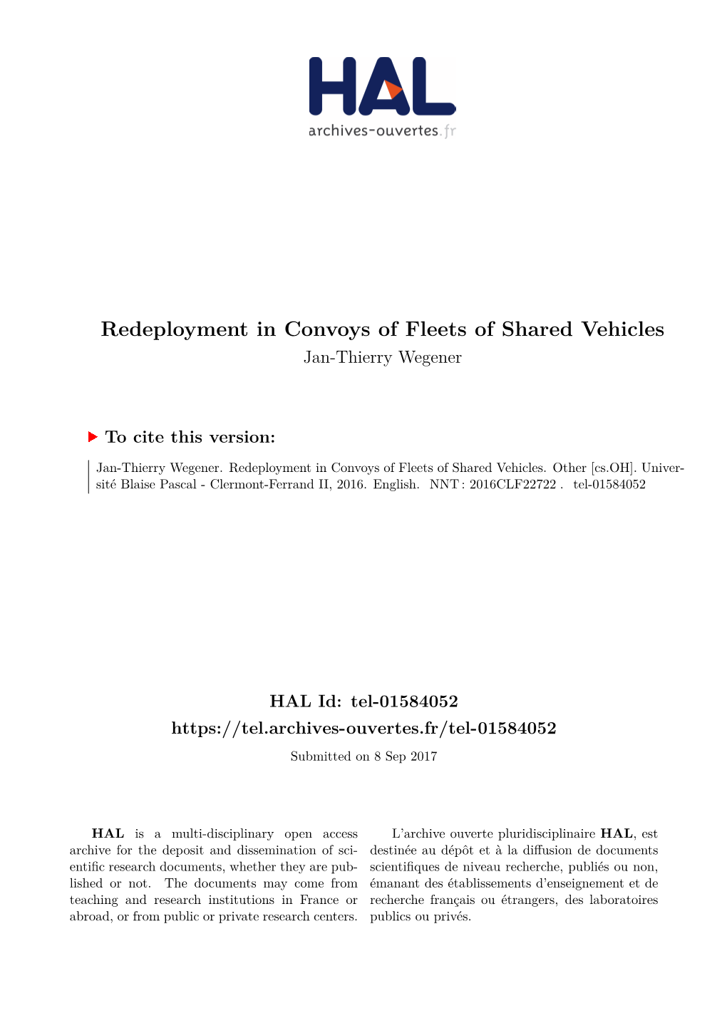 Redeployment in Convoys of Fleets of Shared Vehicles Jan-Thierry Wegener