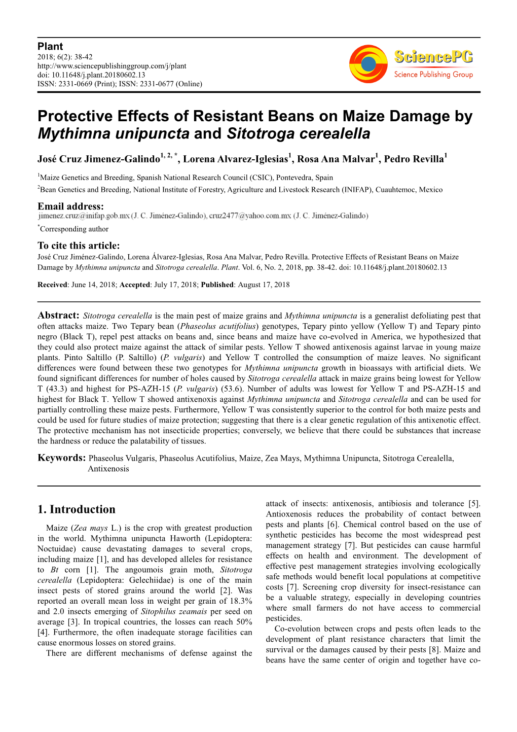 Protective Effects of Resistant Beans on Maize Damage by Mythimna Unipuncta and Sitotroga Cerealella