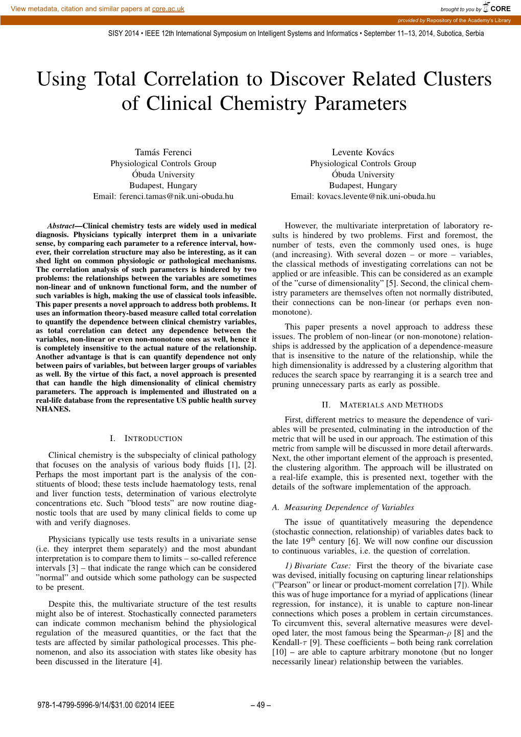 Using Total Correlation to Discover Related Clusters of Clinical Chemistry Parameters