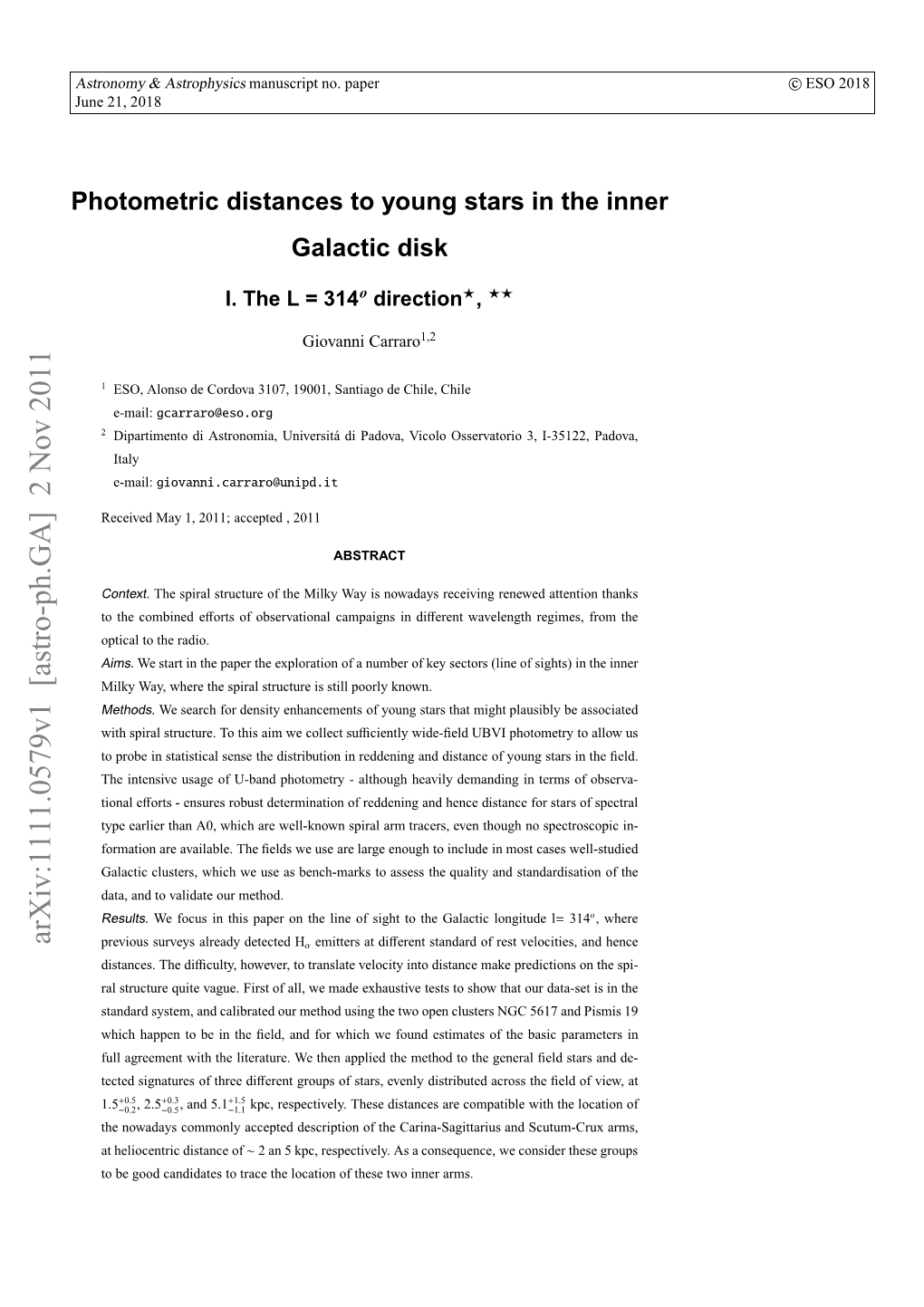 Photometric Distances to Young Stars in the Inner Galactic Disk