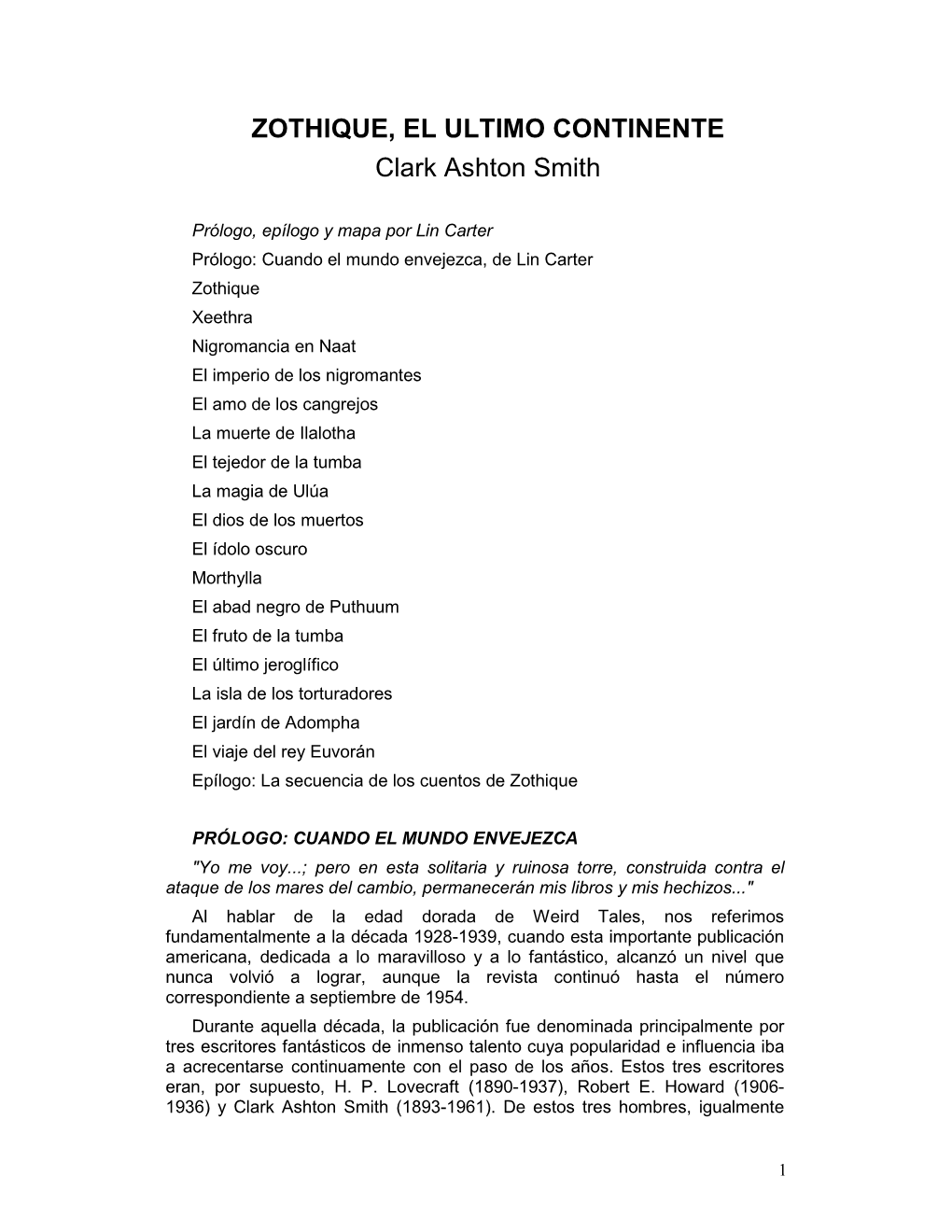 ZOTHIQUE, EL ULTIMO CONTINENTE Clark Ashton Smith