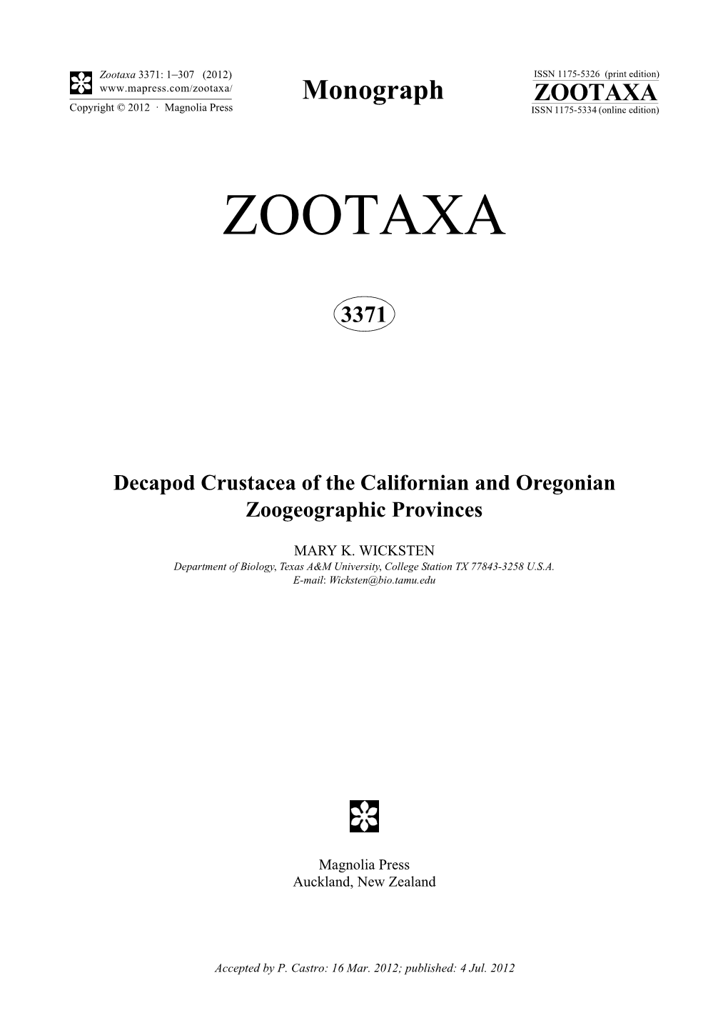 Zootaxa 3371: 1–307 (2012) ISSN 1175-5326 (Print Edition) Monograph ZOOTAXA Copyright © 2012 · Magnolia Press ISSN 1175-5334 (Online Edition)