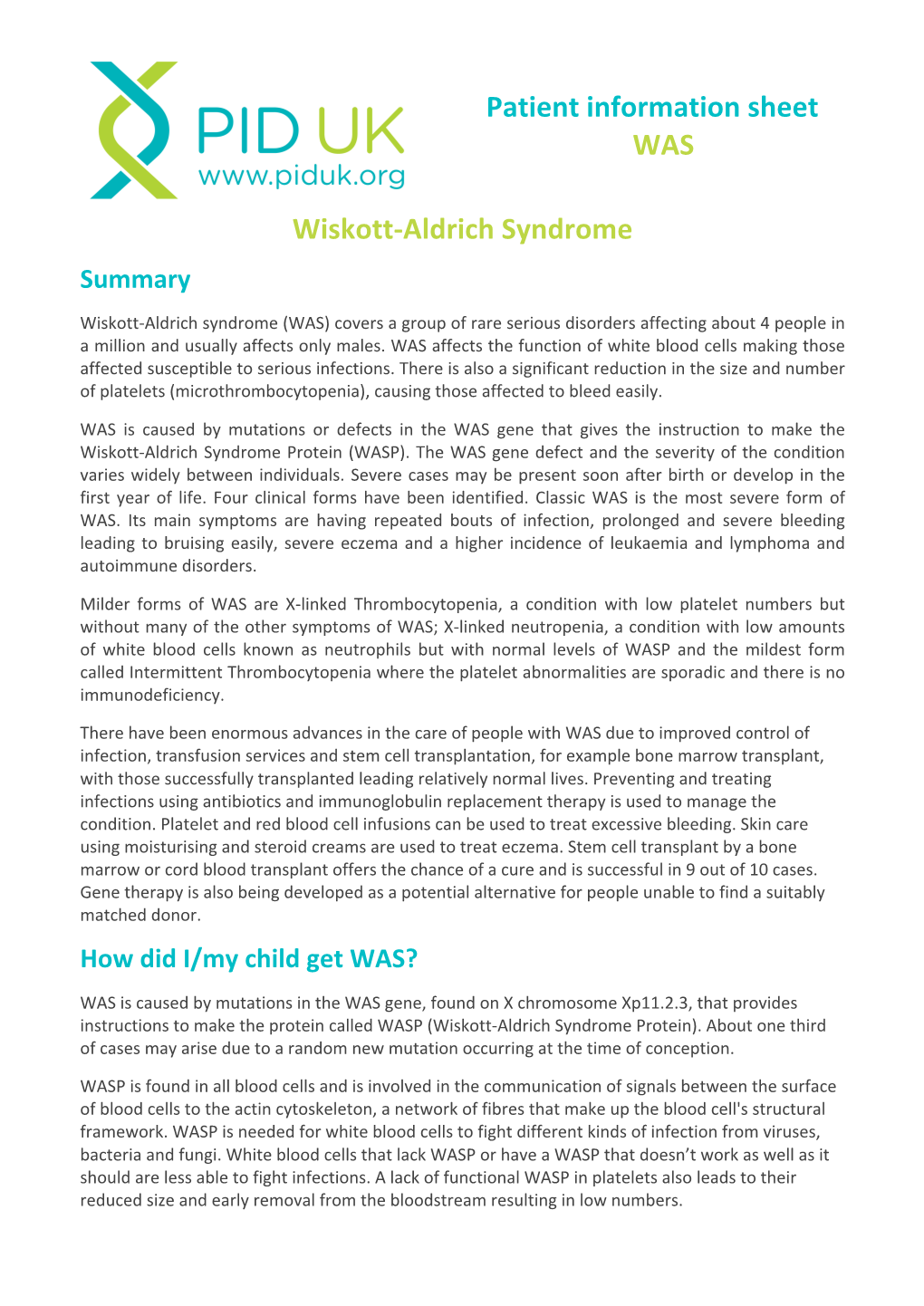Patient Information Sheet WAS Wiskott‐Aldrich Syndrome