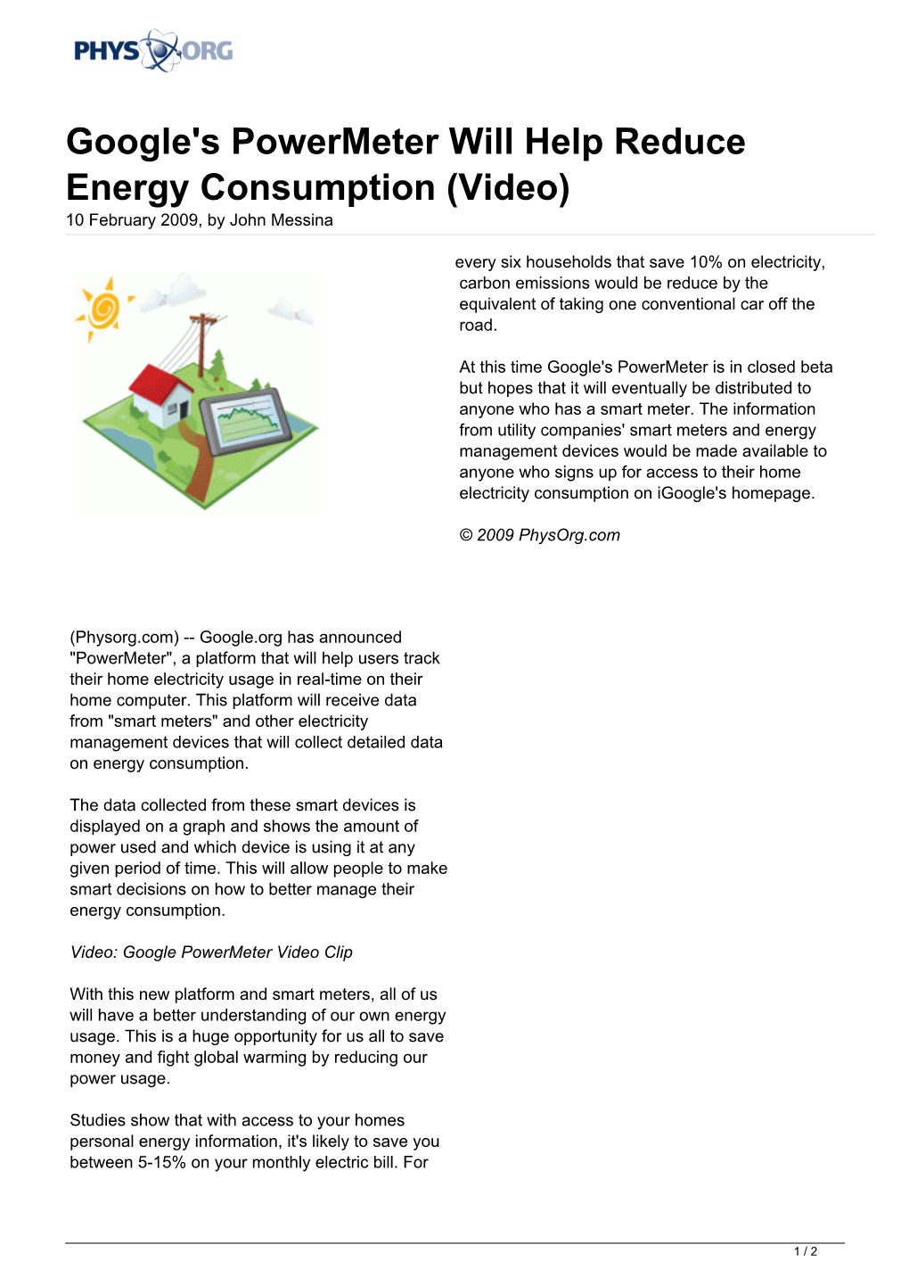 Google's Powermeter Will Help Reduce Energy Consumption (Video) 10 February 2009, by John Messina