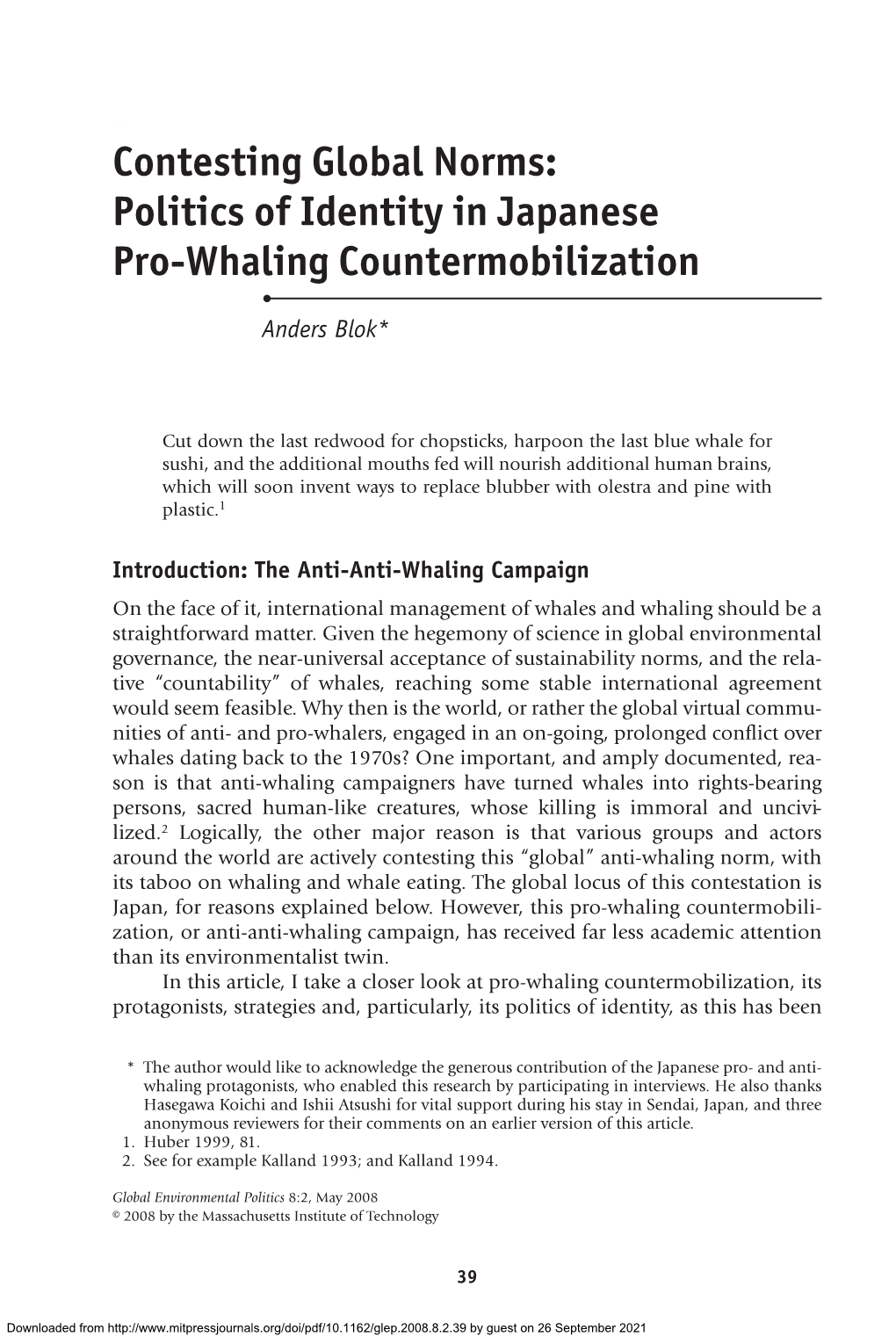 Contesting Global Norms: Politics of Identity in Japanese Pro-Whaling Countermobilization • Anders Blok*