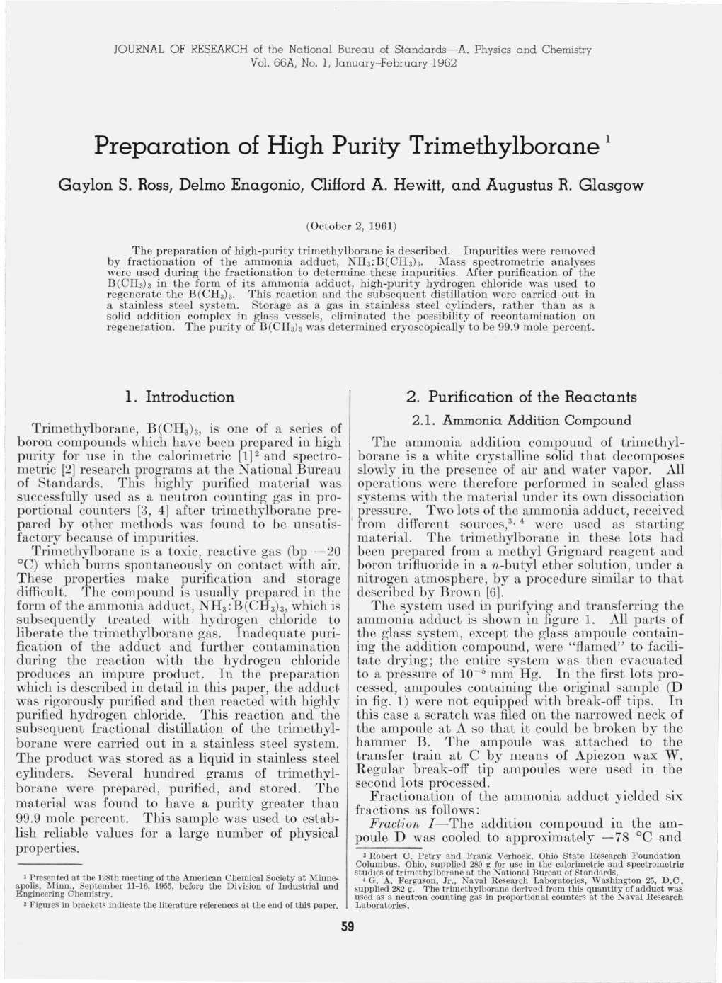 Preparation of High Purity Trimethylborane 1