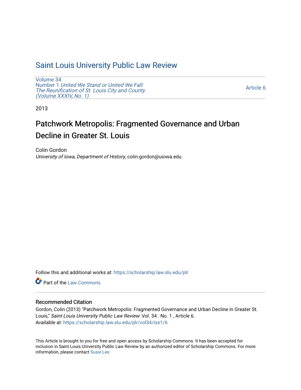 Patchwork Metropolis: Fragmented Governance and Urban Decline in Greater St