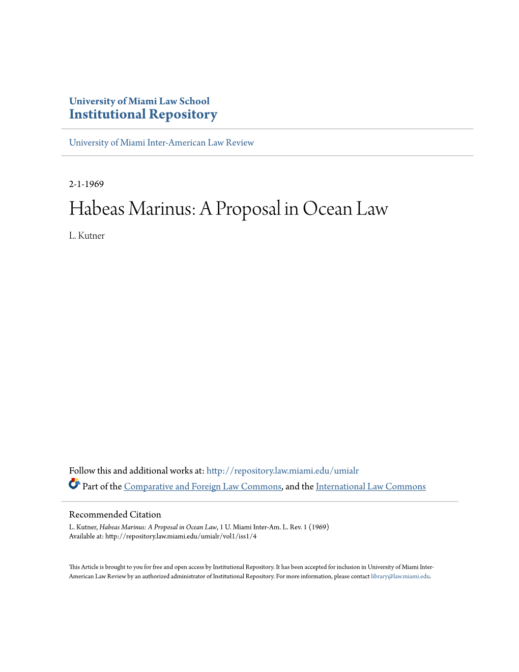 Habeas Marinus: a Proposal in Ocean Law L