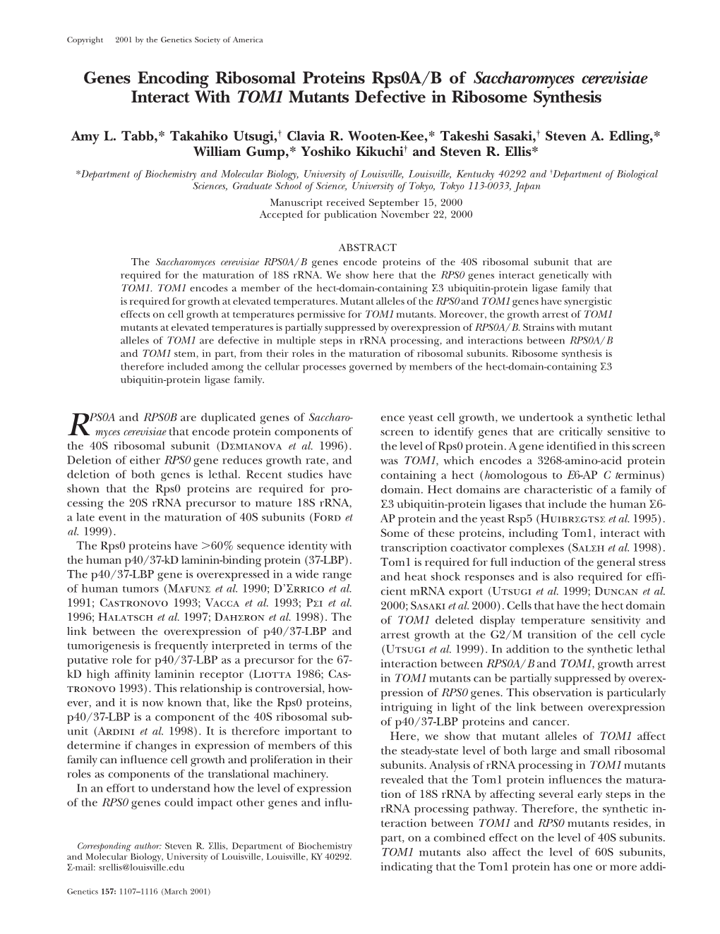 Genes Encoding Ribosomal Proteins Rps0a/B of Saccharomyces Cerevisiae Interact with TOM1 Mutants Defective in Ribosome Synthesis