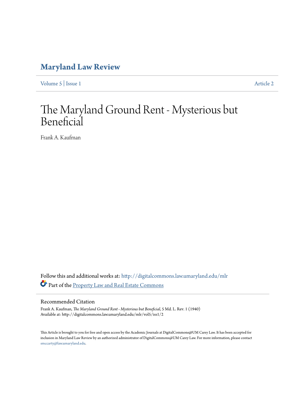 The Maryland Ground Rent - Mysterious but Beneficial, 5 Md