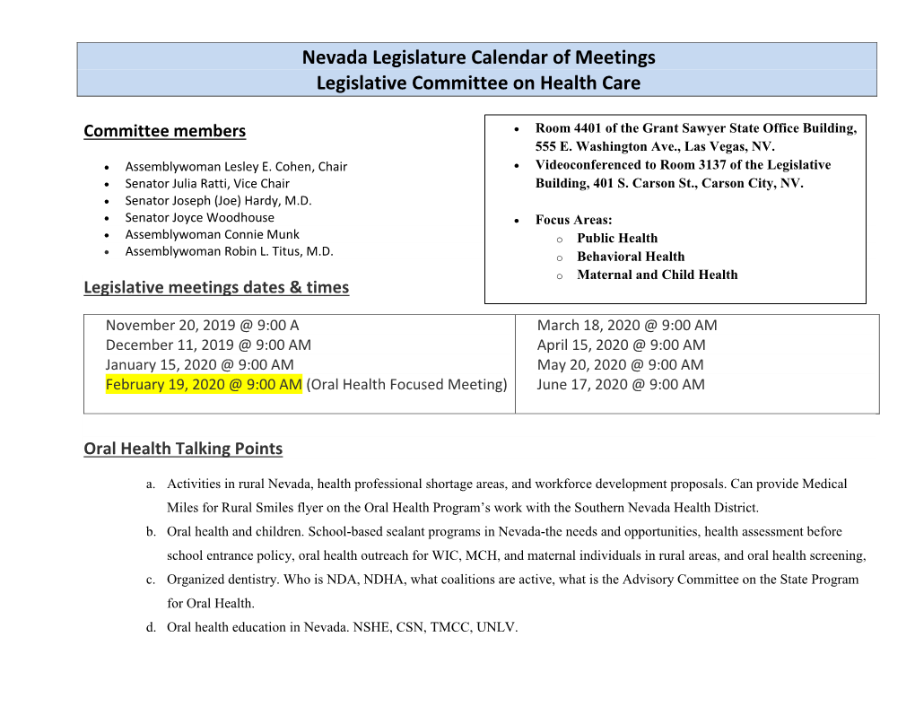 Nevada Legislature Calendar of Meetings Legislative Committee on Health Care
