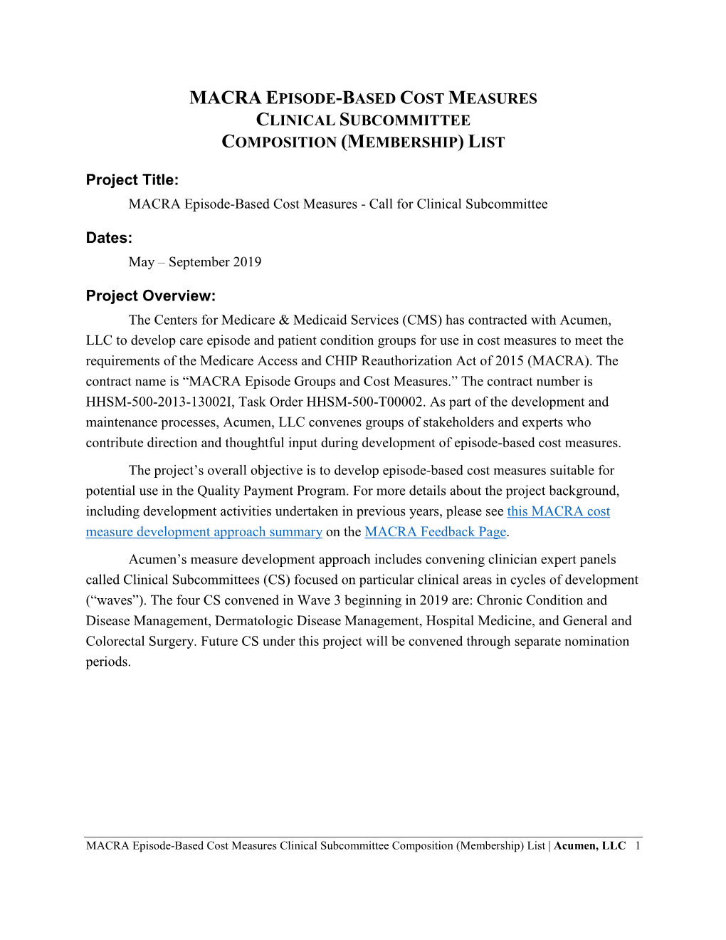 Macra Episode-Based Cost Measures Clinical Subcommittee Composition (Membership) List