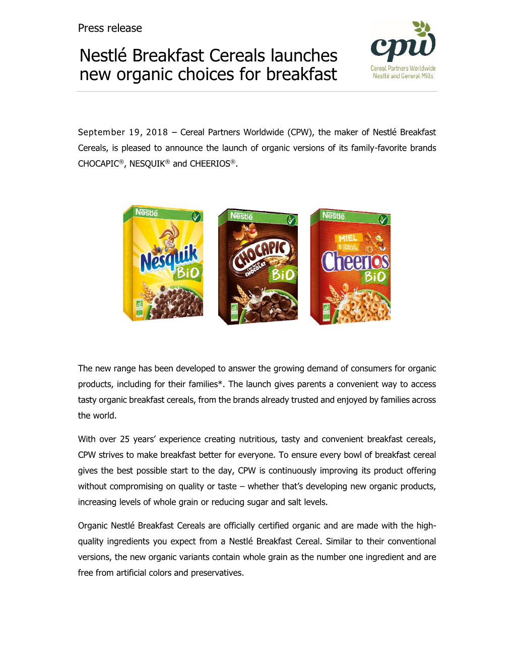 Nestlé Breakfast Cereals Launches New Organic Choices for Breakfast
