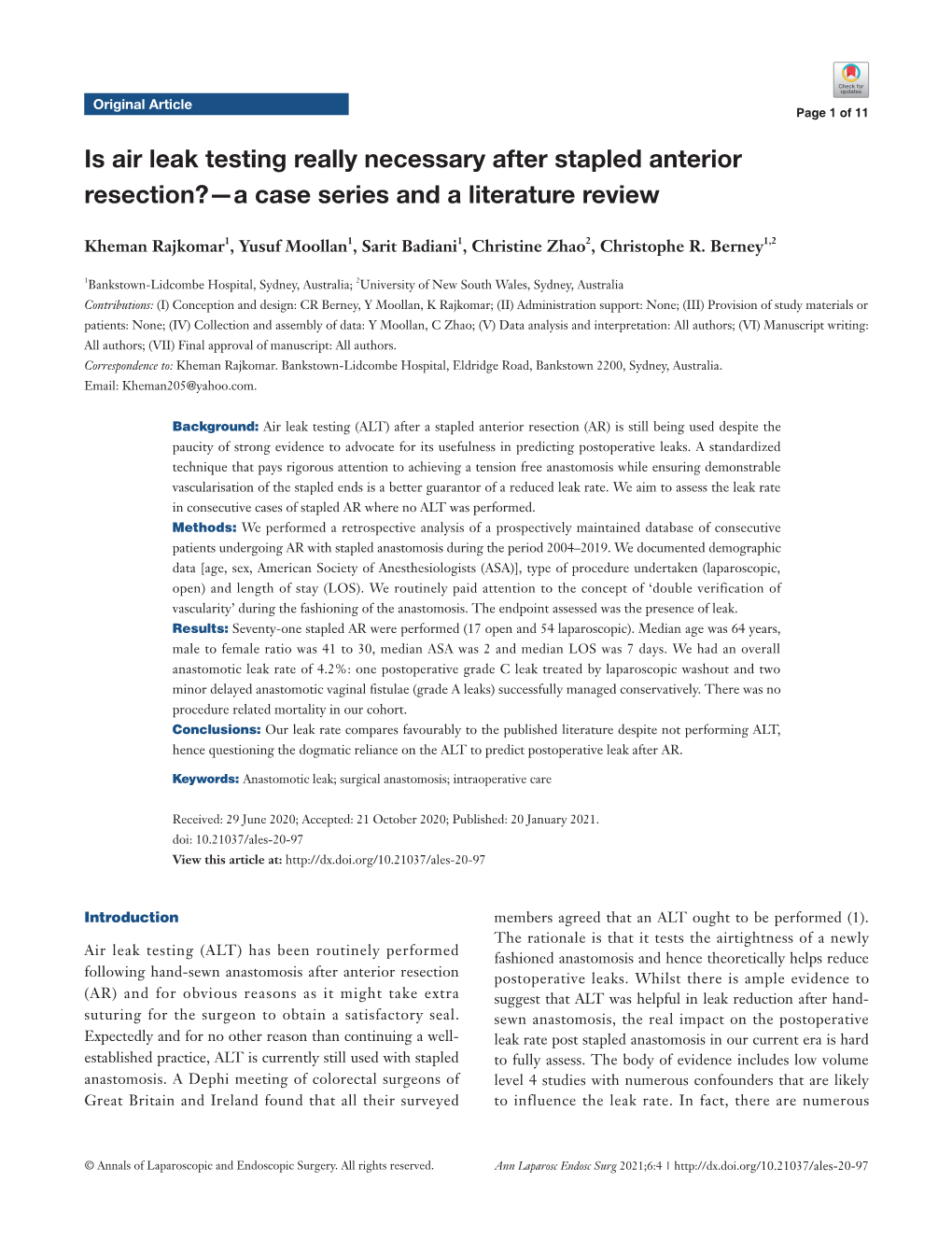 Is Air Leak Testing Really Necessary After Stapled Anterior Resection?—A Case Series and a Literature Review