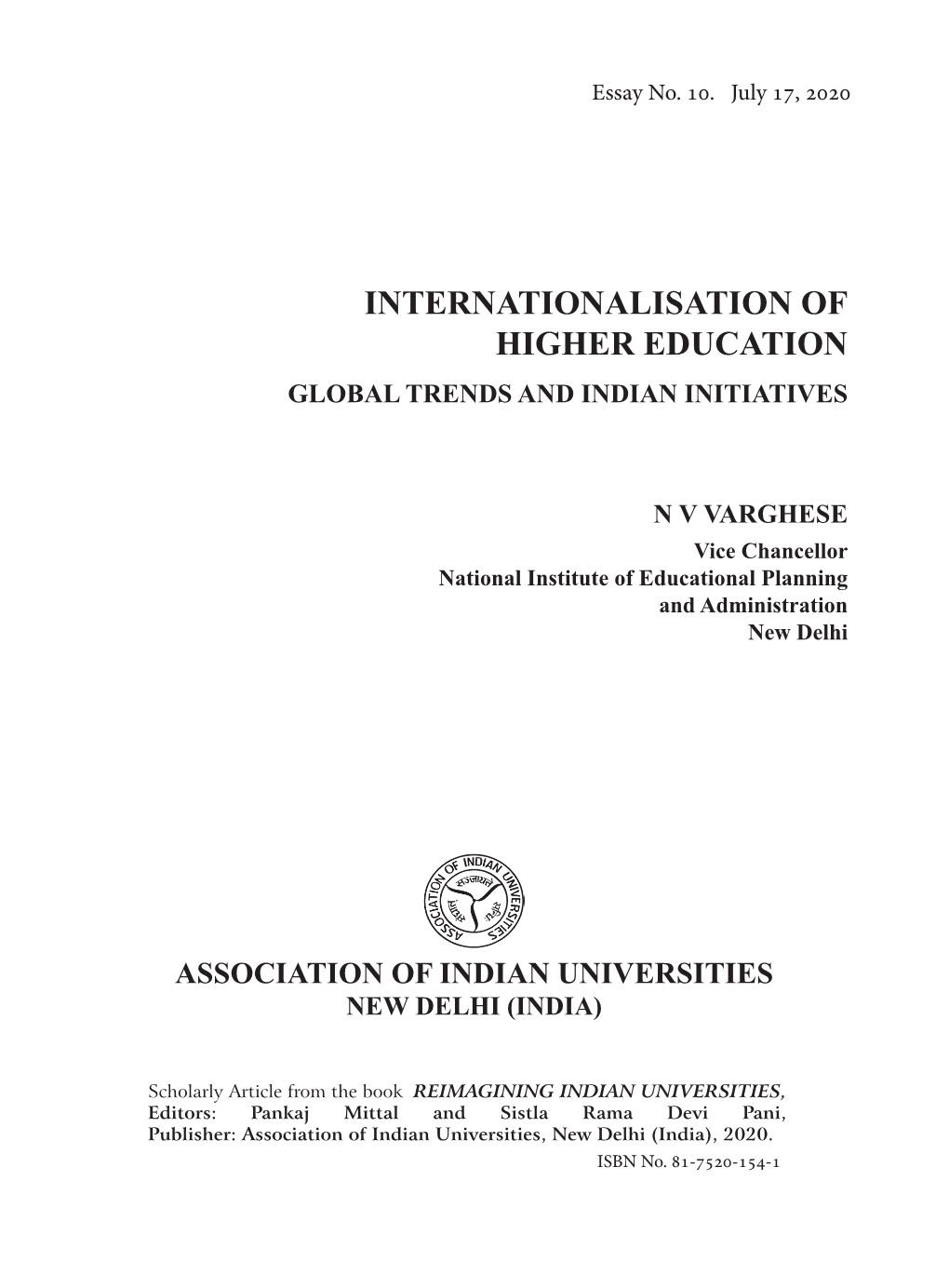 Internationalisation of Higher Education Global Trends and Indian Initiatives