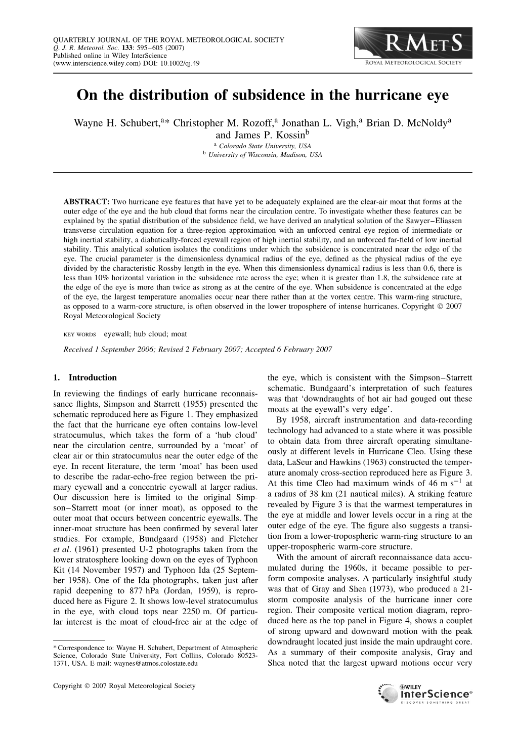 On the Distribution of Subsidence in the Hurricane Eye