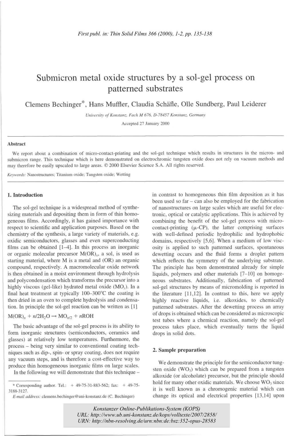 Submicron Metal Oxide Structures by a Sol-Gel Process on Patterned Substrates