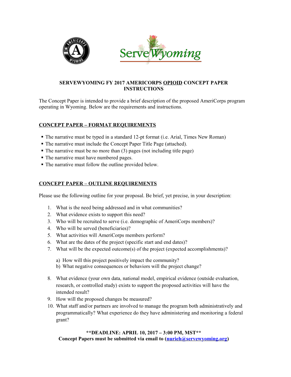 Servewyoming Fy 2017 Americorps Opioid Concept Paper Instructions