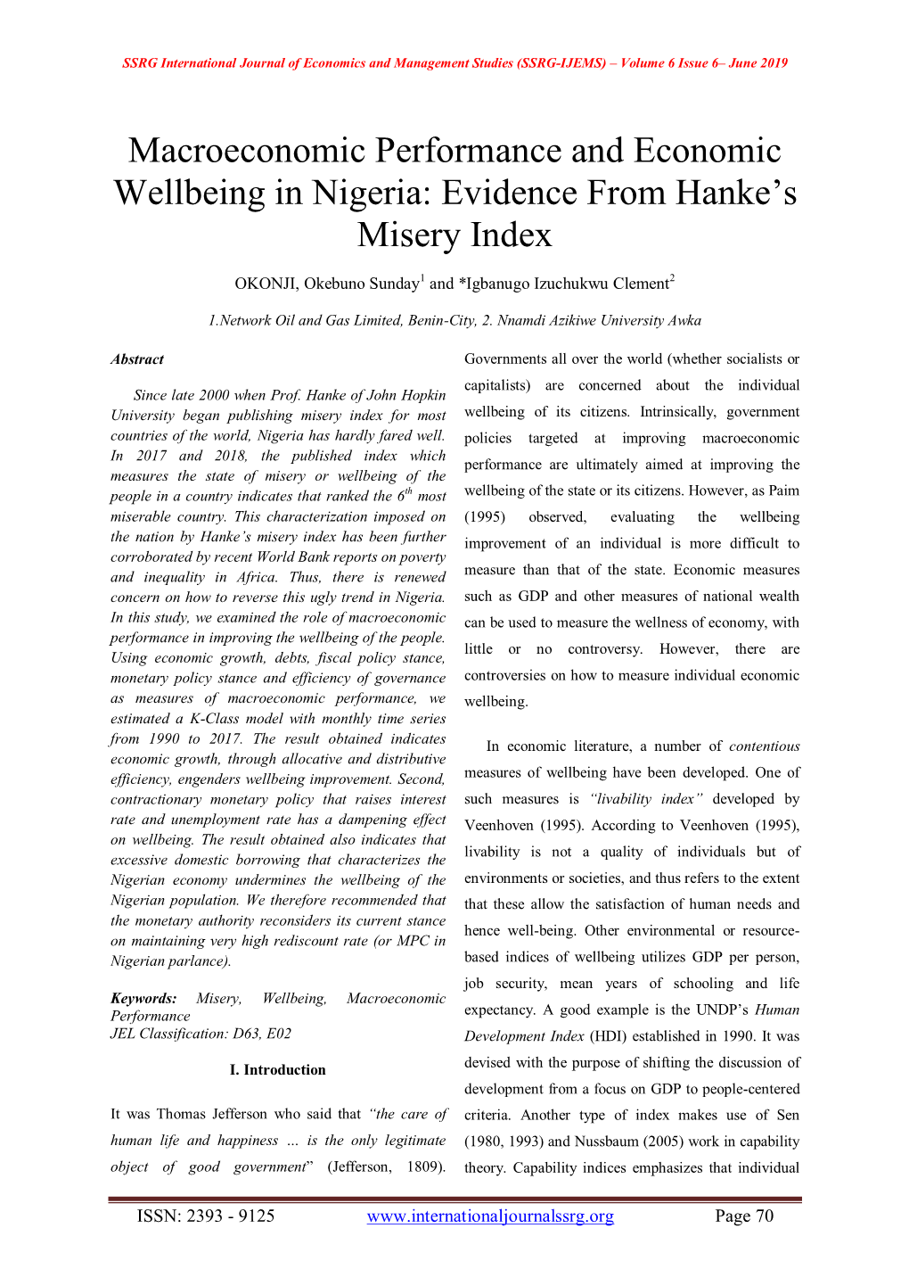 Macroeconomic Performance and Economic Wellbeing in Nigeria: Evidence from Hanke’S Misery Index