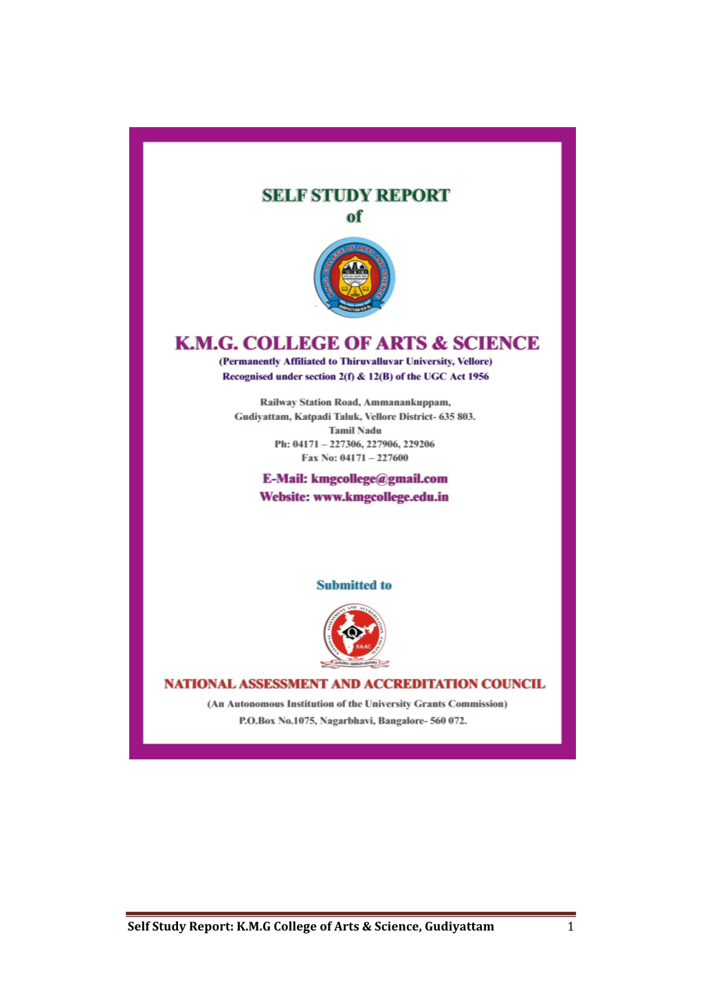 Self Study Report: K.M.G College of Arts & Science, Gudiyattam 1