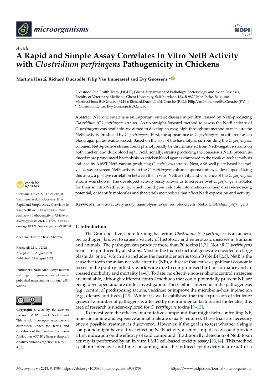 A Rapid and Simple Assay Correlates in Vitro Netb Activity with Clostridium Perfringens Pathogenicity in Chickens