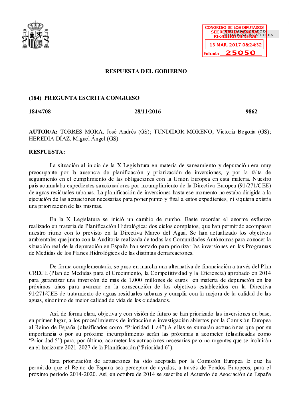 Respuesta Del Gobierno (184) Pregunta Escrita Congreso