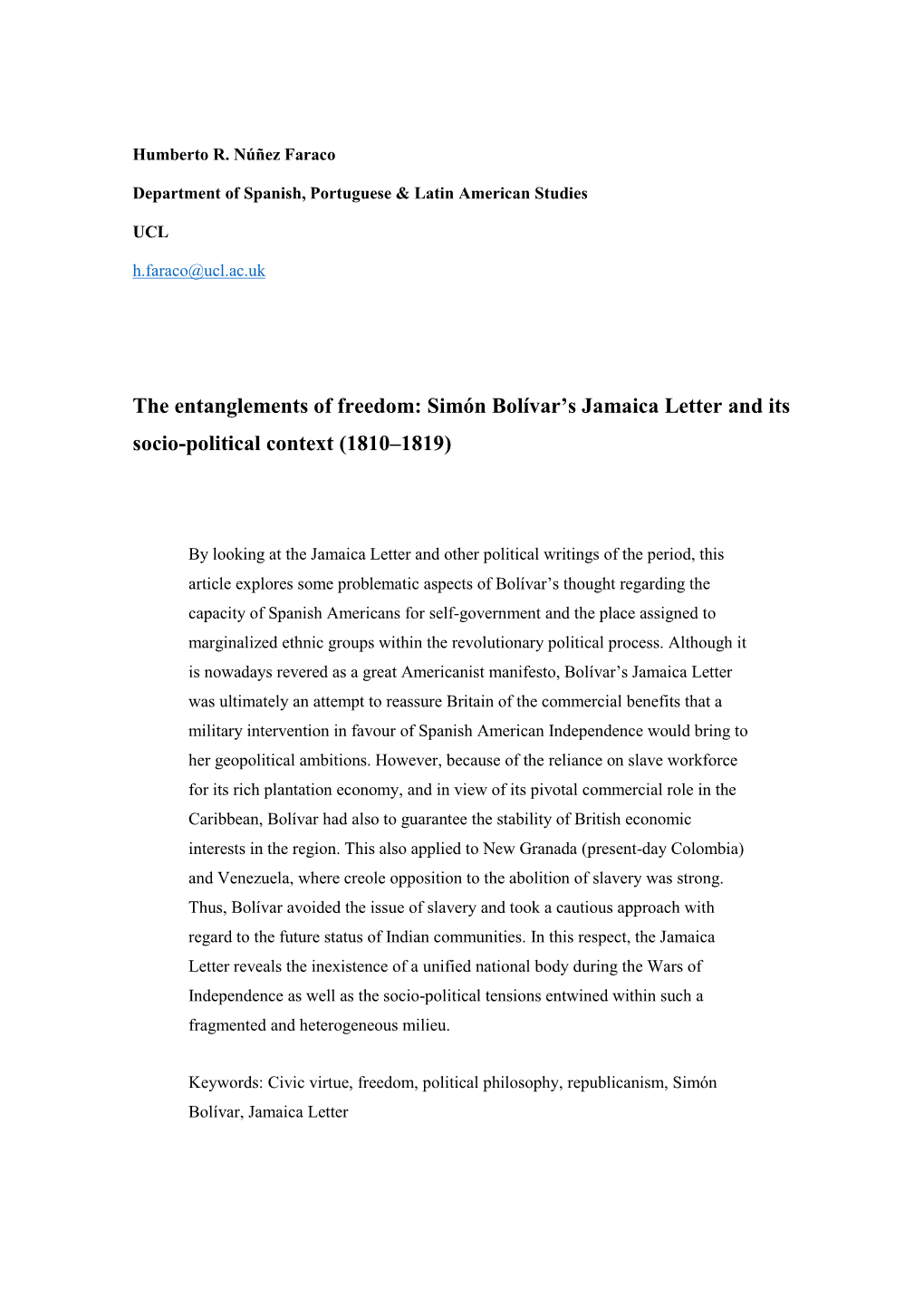 Simón Bolívar's Jamaica Letter and Its Socio-Political Context (1810–1819)