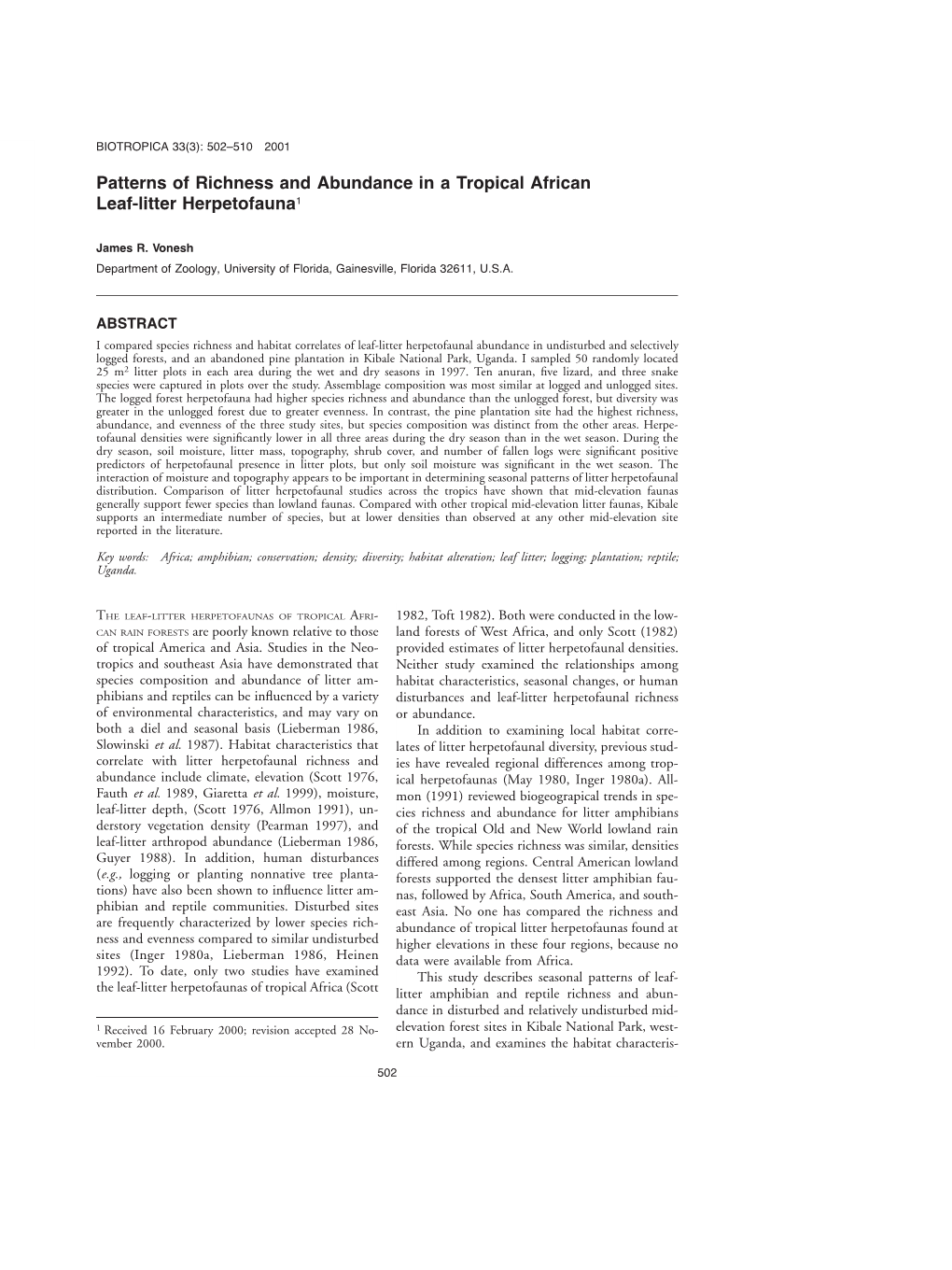 Patterns of Richness and Abundance in a Tropical African Leaf-Litter Herpetofauna1