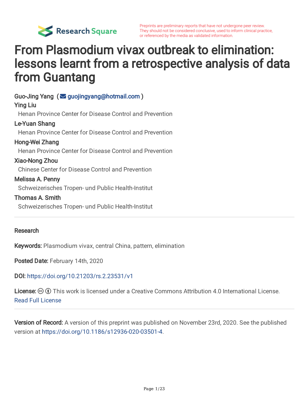 From Plasmodium Vivax Outbreak to Elimination: Lessons Learnt from a Retrospective Analysis of Data from Guantang
