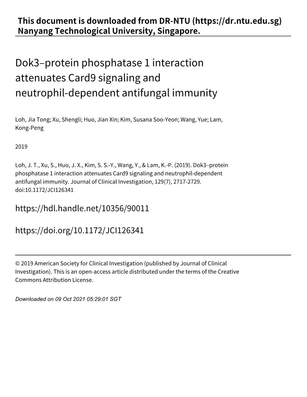 Dok3–Protein Phosphatase 1 Interaction Attenuates Card9 Signaling and Neutrophil‑Dependent Antifungal Immunity