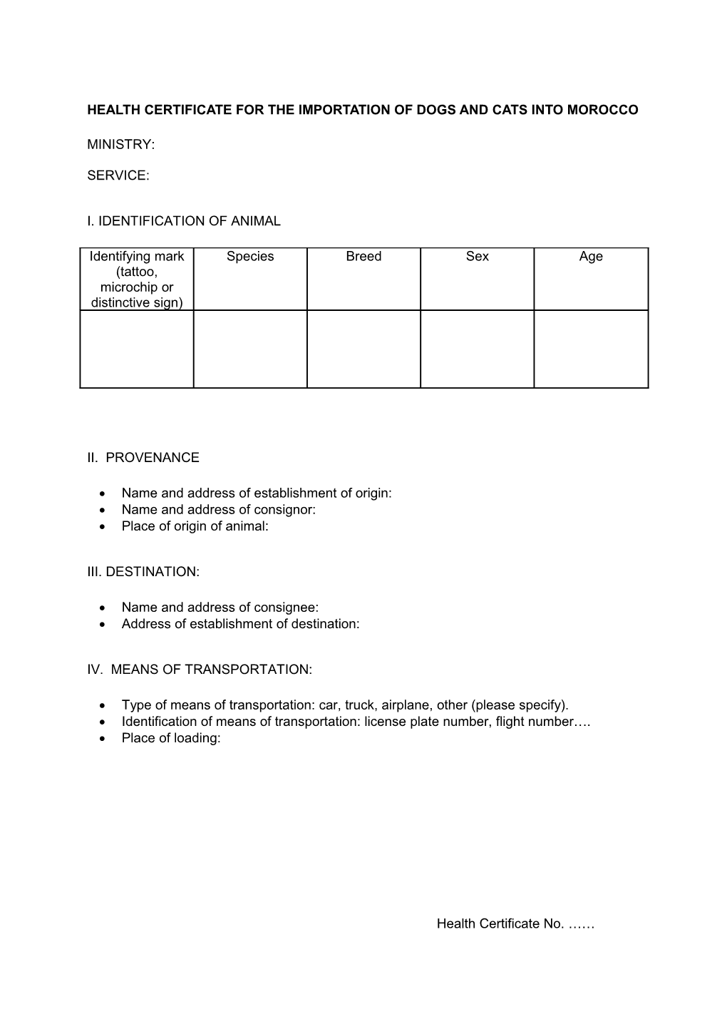 Health Certificate for the Importation of Dogs and Cats Into Morocco