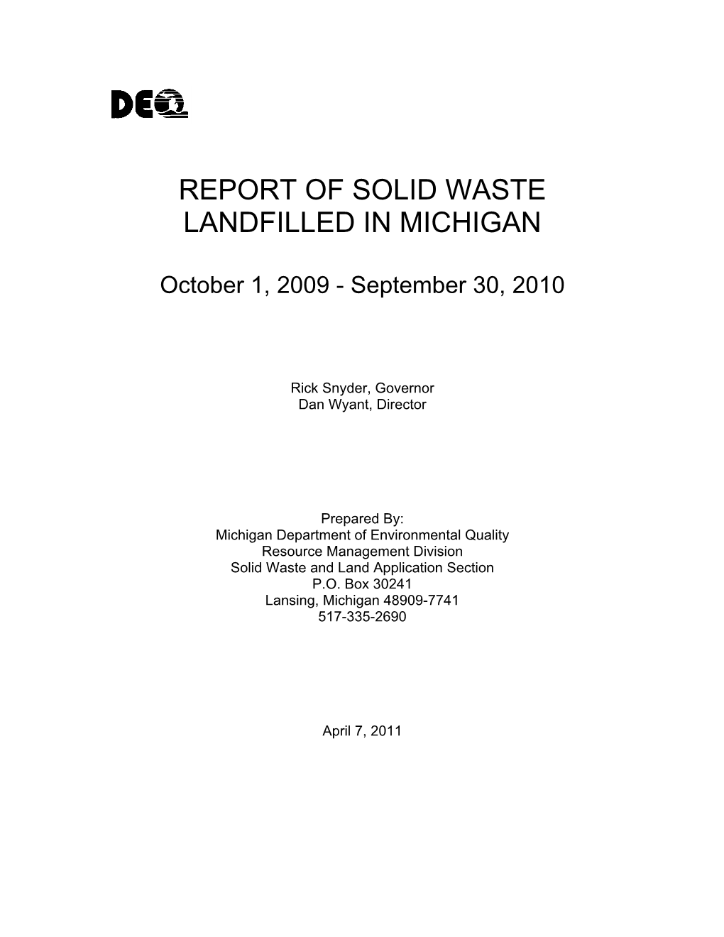 Report on Solid Waste Landfilled in Michigan for 2010