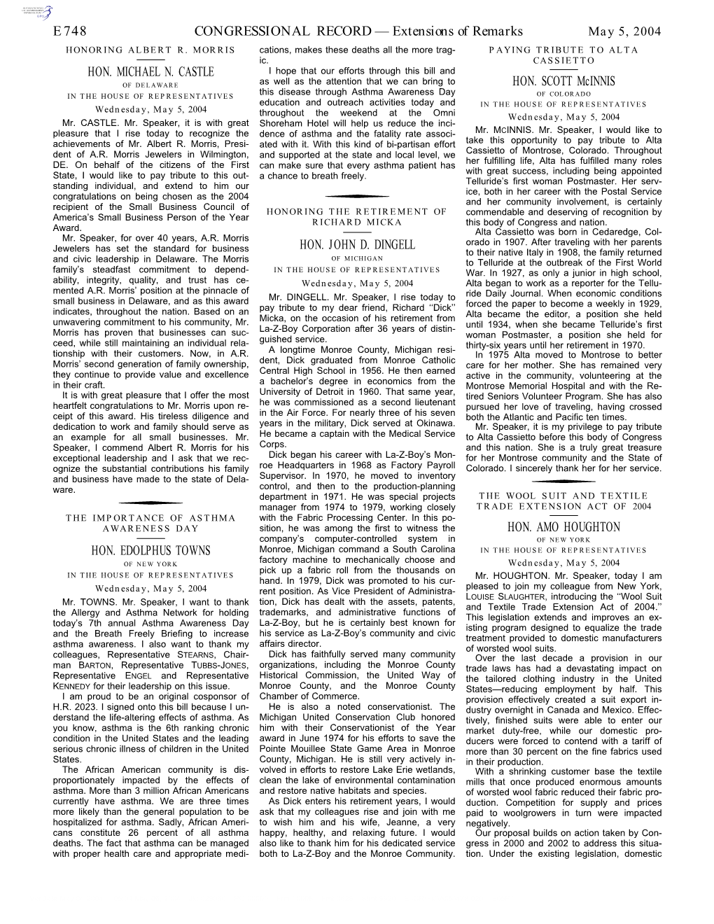 CONGRESSIONAL RECORD— Extensions of Remarks E748 HON